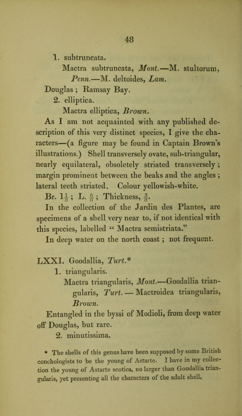 1. subtruncata. Mactra subtruncata, Mont,—M. stultorum, Penn,—M. deltoides, Lam, Douglas ; Ramsay Bay. 2. elliptica. Mactra elliptica, Brown, As I am not acquainted with any published de- scription of this very distinct species, I give the cha- racters—(a figure may be found in Captain Brown’s illustrations.) Shell transversely ovate, sub-triangular, nearly equilateral, obsoletely striated transversely; margin prominent between the beaks and the angles ; lateral teeth striated. Colour yellowish-white. Br. li ; L. f ; Thickness, f. In the collection of the Jardin des Plantes, are specimens of a shell very near to, if not identical with this species, labelled Mactra semistriata.’’ In deep water on the north coast; not frequent. LXXI. Goodallla, Turt,^ 1. triangularis. Mactra triangularis, Mont,—Goodallia trian- gularis, Turt, — Mactroidea triangularis. Brown, Entangled in the byssi of Modioli, from deep water off Douglas, but rare. 2. minutissima. * The shells of this genus have been supposed by some British conchologists to be the young of Astarte. I have in my collec- tion the young of Astarte scotica, no larger than Goodallia trian- gularis, yet presenting all the characters of the adult shell.