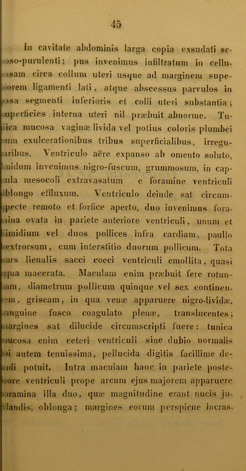 In cavitate abdominis larga copia exsudati se- oso-purulenti; pus invenimus infiltratnm in cellu- )sam circa collum uteri usque ad marginem supe- orem ligamenti lati, atque abscessus parvulos in , *sa segmenti inferioris et colli uteri substantia-, uperlicies interna uteri nil praebuit abnorme. Tu- iica mucosa vagiuse livida vel potius coloris plumbei um exulcerationibus tribus superficialibus, irregu- : iribus. \ entriculo aere expanso ab omento soluto, luiduin invenimus nigro-fuscuin, grummosum, in cap- ula mesocoli extravasatum e foramine ventriculi Iblongo effluxum. Ventriculo deinde sat circum- jecte remoto et forfice aperto, duo invenimus fora- lina ovata in pariete anteriore ventriculi, unum et iimidium vel duos pollices infra cardiam, paullo extrorsum, cum interstitio duorum pollicum. Tota i ars lienalis sacci coeci ventriculi emollita, quasi qua macerata. Maculam enim pnebuit fere rotun- dam, diametrum pollicum quinque vel sex continen- eim, griseam, in qua vente apparuere nigro-lividte, -inguine fusco coagulato plente, translucentes j largines sat dilucide circumscripti fuere: tunica nucosa enim ceteri ventriculi sine dubio normalis 1 >i autem tenuissima, pellucida digitis facillime de- iidi potuit. Intra maculam hanc in pariete postc- 1 iore ventriculi prope arcum ejus majorem apparuere oramina illa duo, qute magnitudine erant nucis ju- landis, oblonga; margines eorum perspicue ineras-