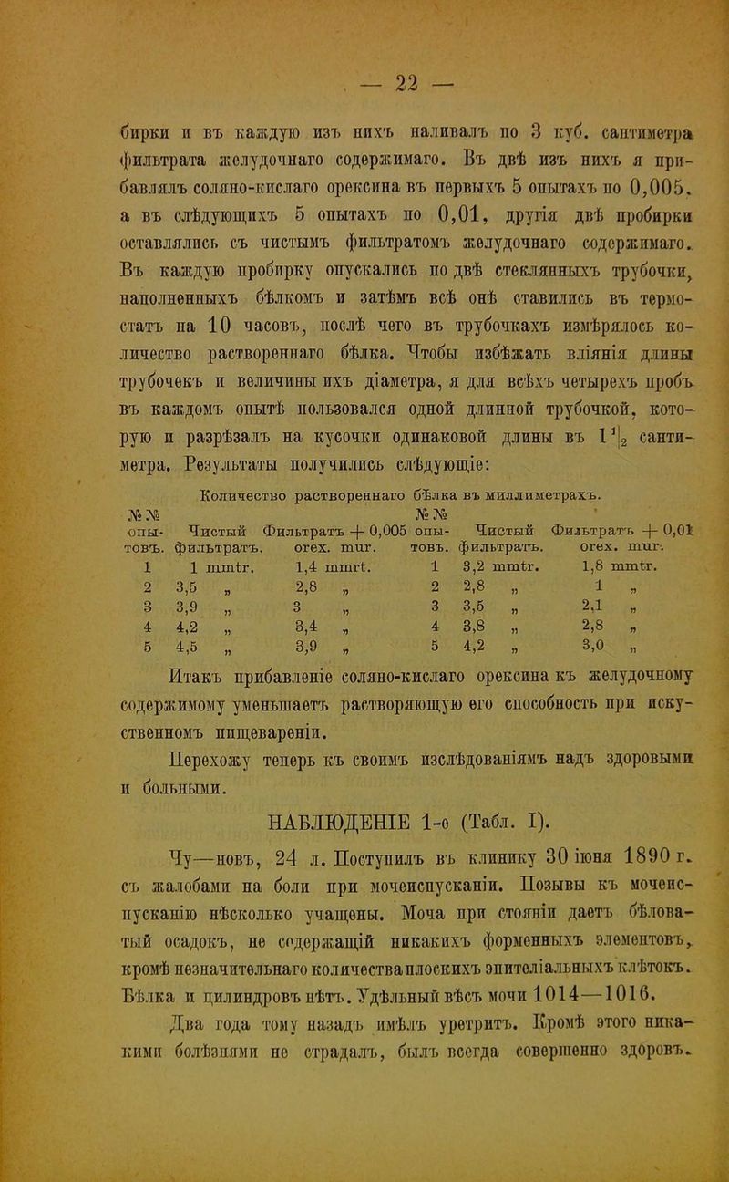бирки и въ каждую изъ пихъ паливалъ по 3 куб. сантиметра фильтрата желудочнаго содѳржимаго. Въ двѣ изъ нихъ я при- бавлялъ соляно-кислаго орексина въ пѳрвыхъ 5 опытахъ по 0,005. а въ слѣдующихъ 5 опытахъ по 0,01, другія двѣ пробирки оставлялись съ чистымъ фильтратомъ желудочнаго содержимаго.. Въ каждую пробирку опускались по двѣ стеклянныхъ трубочки, наполнѳнныхъ бѣлкомъ и затѣмъ всѣ онѣ ставились въ термо- статъ на 10 часовъ, послѣ чего въ трубочкахъ измѣрялось ко- личество раствореннаго бѣлка. Чтобы избѣжать вліянія длины трубочекъ и величины ихъ діаметра, я для веѣхъ четырехъ пробъ въ каждомъ опытѣ пользовался одной длинной трубочкой, кото- рую и разрѣзалъ на кусочки одинаковой длины въ 1]|2 санти- метра. Результаты получились слѣдующіе: Количество раствореннаго бѣлка въ миллиметрахъ. X; № № № опы- Чистый Фильтратъ -(- 0,005 опы- Чистый Фильтратъ -(- 0,01 товъ. фильтратъ. огех. тиг. товъ. фильтратъ. огех. тиг. 1 1 ттіг. 1,4 ттгі. 1 3,2 ттіг. 1,8 ттѣг. 2 3,5 я 2,8 я 2 2,8 п 1 ' я' 3 3,9 и 3 И 3 3,5 п 2Д „ 4 4,2 п 3,4 я 4 3,8 п 2,8 „ 5 4,5 » 3,9 я 5 4,2 я 3,0 „ Итакъ прибавленіе соляно-кислаго орексина къ желудочному содержимому уменьшаетъ растворяющую его способность при иску- ственномъ пищѳварѳніи. Перехожу теперь къ своимъ изслѣдованіямъ надъ здоровыми и больными. НАБЛЮДЕНІЕ 1-е (Табл. I). Чу—новъ, 24 л. Поступилъ въ клинику 30 іюня 1890 г. съ жалобами на боли при мочеиспусканіи. Позывы къ мочеис- пусканію нѣсколько учащены. Моча при стояніи даетъ бѣлова- тый осадокъ, не содержащей никакихъ форменныхъ элементовъ,. кромѣ пѳзначитѳльнаго количества плоскихъ эпитѳліальныхъ клѣтокъ. Бѣлка и цилиндровъ нѣтъ. Удѣльный вѣсъ мочи 1014—1016. Два года тому назадъ имѣлъ уретритъ. Еромѣ этого ника- кими болѣзішми не страдалъ, былъ всегда совершенно здоровъ»