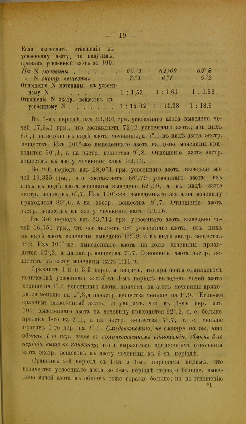 Если вычислить отношенія къ усвоенному азоту, то получимъ, принявъ усвоенный азотъ за 100: На N мочевины 6531 62309 6 2°,8 » N экстр, веществъ . . 7,°1 6,°7 532 Отношеніе N мочевины къ усвоен- ному N .... 1 : 1,53 1 : 1,61 1 : 1,59 Отношеніе N экст^.^ веществъ къ усвоенному N 1 : 14,02 1 : 14,08 1 : 18,9 Въ 1-мъ періодѣ изъ 23,991 грм. усвоеннаго азота выведено мо- чей 17,341 грм., что составляетъ 72°,2 усвоеннаго азота; изъ нихъ 65°, 1 выведено въ видѣ азота мочевины, а 7°,1 въ видѣ азота экстр, веществъ. Изъ 100°-же выведеннаго азота на долю мочевины при- ходится 90°,1, а на экстр, вещества 9°,8. Отношеніе азота экстр, веществъ къ азоту мочевины какъ 1:9,13. Во 2-й періодъ изъ 28,071 грм. усвоеннаго азота выведено мо- чен 19,335 грм,, что составляетъ 68°,79 усвоеннаго азота; изъ нихъ въ видѣ азота мочевины выведено 62°,09, а въ видѣ азота экстр, веществъ 6°,7. Изъ 100°-же выведеннаго азота на мочевину приходится 89°,6, а на экстр, вещества 9°,7. Отношеніе азота экстр, веществъ къ азоту мочевины какъ 1:9,16. Въ 3-й періодъ изъ 23,714 грм. усвоеннаго азота выведено мо- чен 16,151 грм., что составляетъ 68° усвоеннаго азота; изъ нихъ въ видѣ азота мочевины выведено 62°,8, а въ видѣ экстр, веществъ 5°,2. Изъ 100с-же выведеннаго азота на долю мочевины прихо- дится 92е,2, а на экстр, вещества 7е,7. Отношеніе азота экстр, ве- ществъ къ азоту мочевины какъ 1:11.9. Сравнивъ 1-й и 3-й періоды видимъ, что при почти одинаковомъ количествѣ усвоеннаго азота въ 3-мъ періодѣ выведено мочен азота меньше на 4°,2 усвоеннаго азота; причемъ на азотъ мочевины прихо- дится меньше на 2°,3,а наэкстр. вещества меньше на 1°,9. Если-же сравнимъ выведенный азотъ, то увидимъ, что въ 3-мъ пер. изъ 100е выведеннаго азота на мочевину приходится 92°, 2, т. е. больше противъ 1-го на 2°,1, а на экстр, вещества 7°,7, т. е. меньше противъ 1-го пер. на 2°.1. Слѣдовательно, несмотря на то, что обмѣнъ 1-го пер. выше въ количественномъ отношеніи, обмѣнъ 3-ю періода выше по качеству, что и выразилось пониженіемъ отношенія азота экстр, веществъ къ азоту мочевины въ 3-мъ періодѣ. Сравнивъ 2-й періодъ съ 1-мъ и 3-мъ періодами видимъ, что количество усвоеннаго азота во 2-мъ періодѣ гораздо больше, выве- дено мочей азота въ общемъ тоже гораздо больше; но по отношенію П