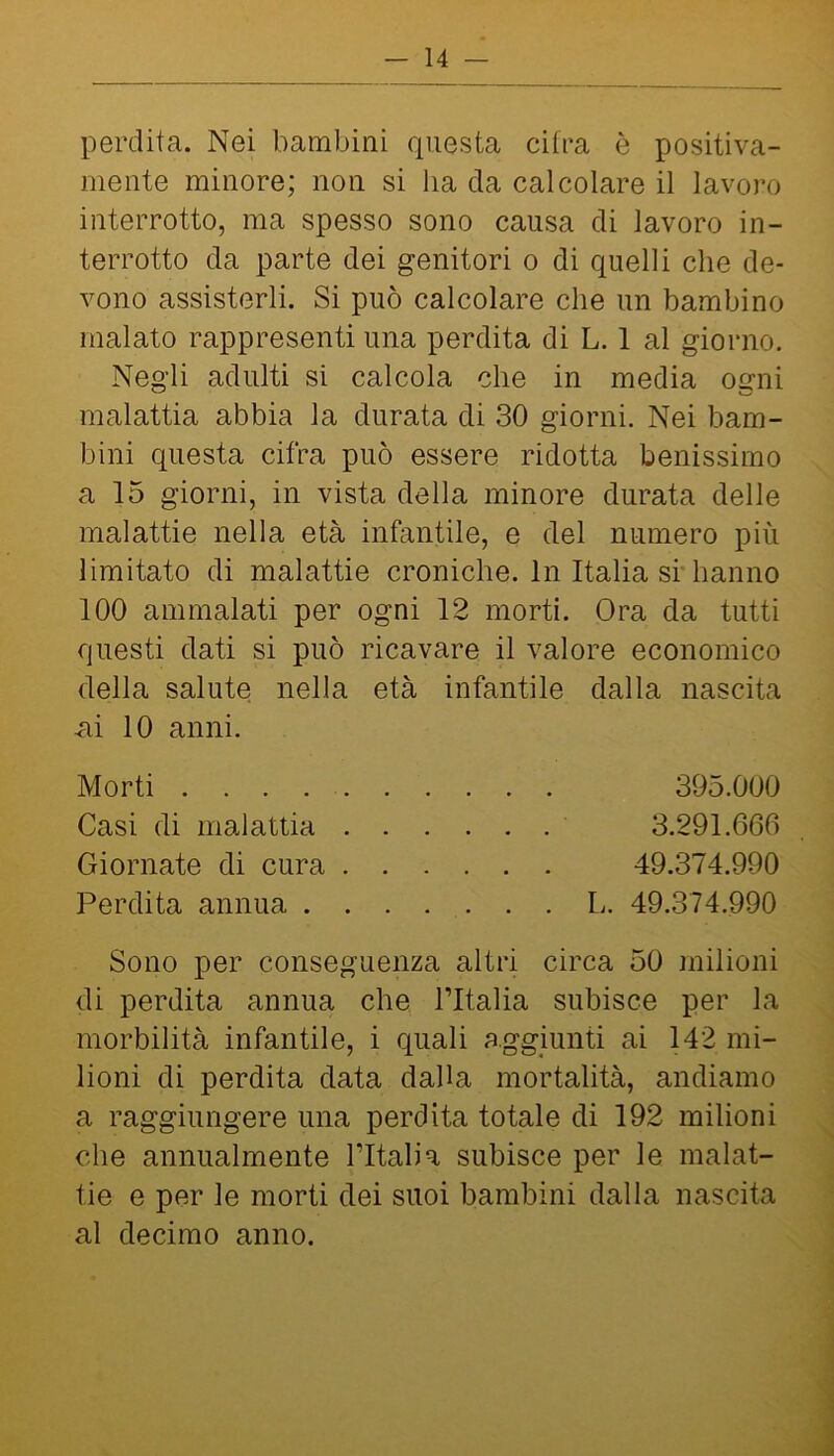 perdita. Nei bambini questa cifra è positiva- mente minore; non si ha da calcolare il lavoro interrotto, ma spesso sono causa di lavoro in- terrotto da parte dei genitori o di quelli che de- vono assisterli. Si può calcolare che un bambino malato rappresenti una perdita di L. 1 al giorno. Negli adulti si calcola che in media ogni malattia abbia la durata di 30 giorni. Nei bam- bini questa cifra può essere ridotta benissimo a 15 giorni, in vista della minore durata delle malattie nella età infantile, e del numero più limitato di malattie croniche. In Italia si'hanno 100 ammalati per ogni 12 morti. Ora da tutti questi dati si può ricavare il valore economico della salute nella età infantile dalla nascita ni 10 anni. Morti 395.000 Casi di malattia 3.291.660 Giornate di cura 49.374.990 Perdita annua L. 49.374.990 Sono per conseguenza altri circa 50 milioni di perdita annua che l’Italia subisce per la morbilità infantile, i quali aggiunti ai 142 mi- lioni di perdita data dalla mortalità, andiamo a raggiungere una perdita totale di 192 milioni che annualmente ritali a subisce per le malat- tie e per le morti dei suoi bambini dalla nascita al decimo anno.