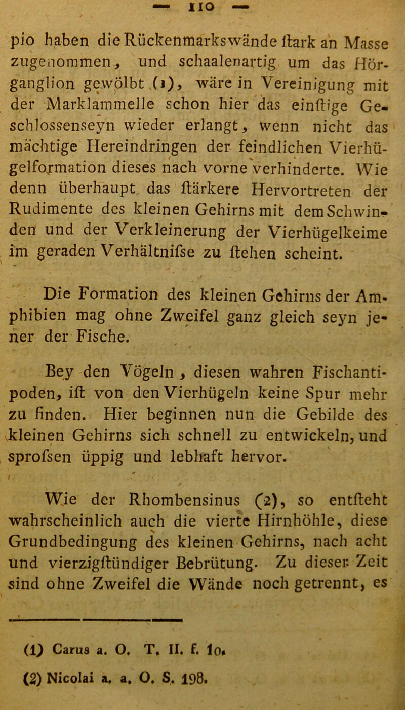 pio haben die Rückenmarks wände itark an Masse zugenommen, und schaalenartig um das Hör- ganglion gewölbt (i), wäre in Vereinigung mit der Marklammelle schon hier das einftige Ge- schlossenseyn wieder erlangt, wenn nicht das mächtige Hereindringen der feindlichen Vierhü- gelfovrmation dieses nach vorne verhinderte. Wie denn überhaupt das ftärkere Hervortreten der Rudimente des kleinen Gehirns mit demSchwin- dert und der Verkleinerung der Vierhügelkeime im geraden Verhältnifse zu Rehen scheint. Die Formation des kleinen Gehirns der Am- phibien mag ohne Zweifel ganz gleich seyn je- ner der Fische. Bey den Vögeln , diesen wahren Fischanti- poden, ilt von den Vierhügeln keine Spur mehr zu finden. Hier beginnen nun die Gebilde des kleinen Gehirns sich schnell zu entwickeln, und sprofsen üppig und lebhaft hervor. * I N Wie der Rhombensinus (2), so entlieht wahrscheinlich auch die vierte Hirnhöhle, diese Grundbedingung des kleinen Gehirns, nach acht und vierziglfiindiger Bebrütung. Zu dieser. Zeit sind ohne Zweifel die Wände noch getrennt, es (1) Carus a. O. T. II. f. Io*