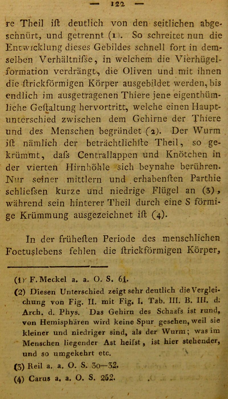 re Theil iffc deutlich von den seitlichen abge- schnürt., und getrennt (1). So schreitet nun die Entwicklung dieses Gebildes schnell fort in dem- selben Verhältnifse, in welchem die Vierhügel- formation verdrängt-, die Oliven und mit ihnen die ftrickförmigen Körper ausgebildet werden, bis endlich im ausgetragenen Thiere jene eigentüm- liche Gehaltung hervortritt, welche einen Haupt- unterschied zwischen dem Gehirne der Thiere und des Menschen begründet (2). Der Wurm jft nämlich der beträchtlichhe Theil, so ge- krümmt, dafs Centrallappen und Knötchen in der vierten Hirnhöhle sich beynahe berühren. Nur seiner mittlern und . erhabenften Parthie schliefsen kurze und niedrige Flügel an (3), während sein hinterer Theil durch eine S förmi- ge Krümmung ausgezeichnet ift (4). In der früheren Periode des menschlichen Foetuslebens fehlen die hrickförmigen Körper, (ir F. Meckel a. a. O. S, 61. (2) Diesen Unterschied zeigt sehr deutlich die Verglei- chung von Fig. II. mit Fig« I« Tab. III. B. III. d. Arch» d. Phys. Das Gehirn des Schaafs ist rund, von Hemisphären wird keine Spur gesehen, weil sie kleiner und niedriger sind, als der Wurm; was im Menschen liegender Ast heilst, ist hier stehender, und so umgekehrt etc. (3) Reil a. a. O. S. 3o—32.