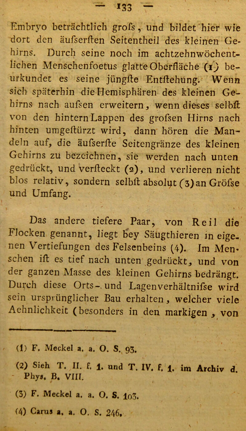 Embryo beträchtlich grofs, und bildet hier wie dort den äufserften Seitentheil des kleinen Ge- hirns. Durch seine noch im achtzehnwöchent- lichen Menschenfoetus glatte Oberfläche (iy be- urkundet es seine jüngfte Entftehung. Wenn sich späterhin die Hemisphären des kleinen Ge- hirns nach aufsen erweitern * * wenn dieses selb# von den hintern Lappen des grofsen Hirns nach hinten umgeftürzt wird, dann hören die Man- deln auf, die äufserfte Seitengränze des kleinen Gehirns zu bezeichnen, sie werden nach unten gedrückt, und verfleckt (2), und verlieren nicht blos relativ, sondern selbfl absolpt f3)an Gröfse und Umfang. Das andere tiefere Paar, von Reil die Flocken genannt, liegt bey Säugthieren m eige- nen Vertiefungen des Felsenbeins (4). Im Men- schen ift es tief nach unten gedrückt, und von der ganzen Masse des kleinen Gehirns bedrängt. Durch diese Orts- und Lagenverhältnifse wird sein ursprünglicher Bau erhalten, welcher viele Aehnlichkeit (besonders in den markigen , von (1) F. Meckel a. a. O. S. 93. (2) Sieh T. II. f, 1, und T. IV. f. 1. im Archiv d. * Phys. B. VIII. (3) F. Meckel a. a. O. S. I03.