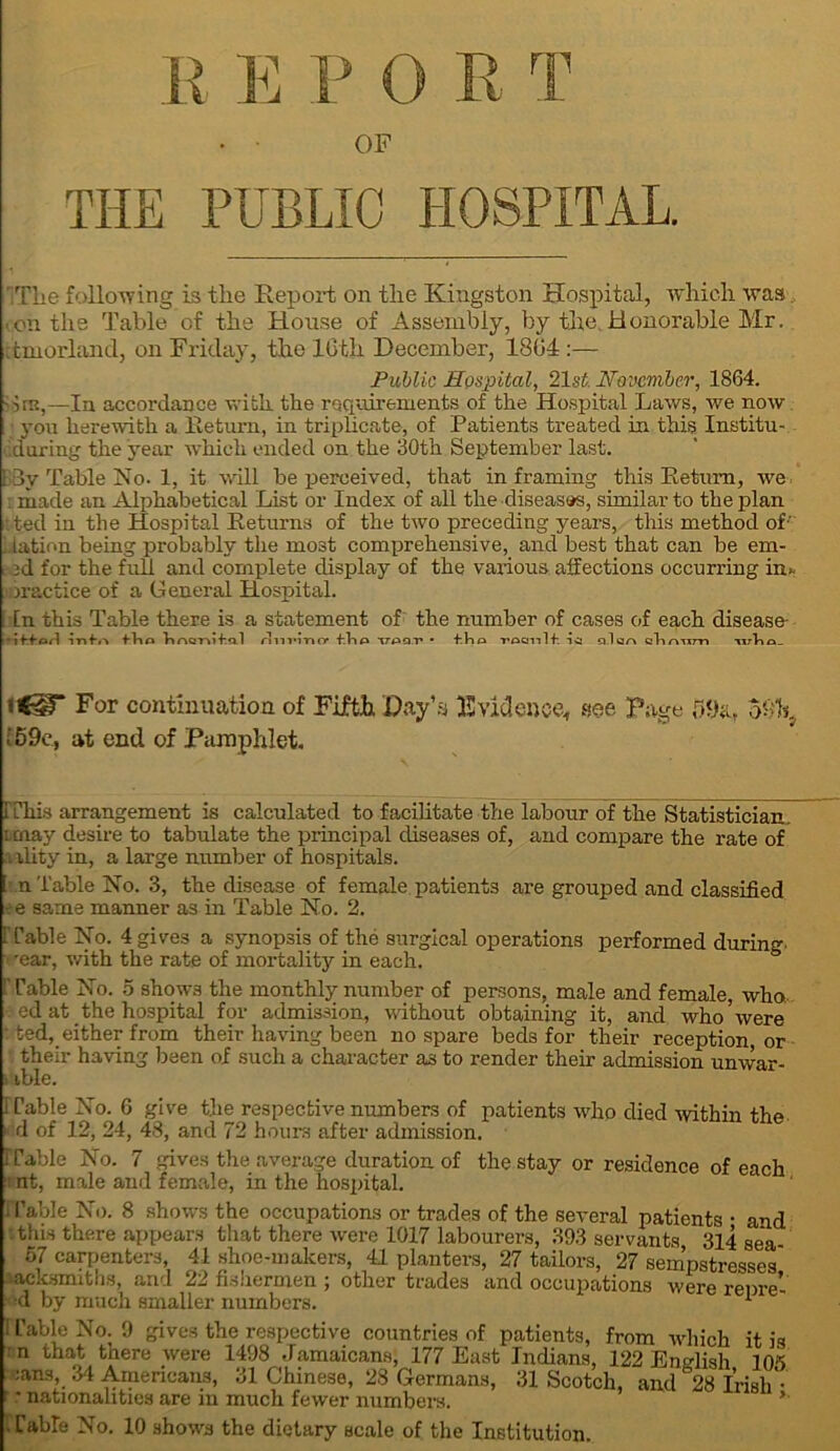 OF THE PUBLIC HOSPITAL. The following Is the Report on the Kingston Hospital, which was ■ on the Table of the House of Assembly, by the, Honorable Air. ttmorland, on Friday, the 16th December, 1804 :— Public Hospital, 21st November, 1864. •Or,—la accordance with the requirements of the Hospital Laws, we now ; you herewith a Return, in triplicate, of Patients treated in this Institu- cduring the year which ended on the 30th September last. 33y Table No- 1, it will be perceived, that in framing this Return, we made an Alphabetical List or Index of all the-diseases, similar to the plan : ted in the Hospital Returns of the two preceding years, this method of ' iation being probably the most comprehensive, and best that can be em- id for the full and complete display of the various affections occurring in* practice of a General Hospital. [n this Table there is a statement of the number of cases of each disease- iff a A inf.^ fRo Rrva-r»if.Q.l flnrino1 t7-£»a;r • f.Ro voanlf ics cil qa slinnm tjtEq_ »<ir For continuation of Fifth, Day’a Evidence* see Page 59a, o9\ . 59e, at end of Pamphlet. This arrangement is calculated to facilitate the labour of the Statistician, i may desire to tabulate the principal diseases of, and compare the rate of aality in, a large number of hospitals. [ n Table No. 3, the disease of female patients are grouped and classified i e same manner as in Table No. 2. [Table No. 4 gives a synopsis of the surgical operations performed during- •ear, with the rate of mortality in each. Table No. 5 shows the monthly number of persons, male and female, who ed at the hospital for admission, without obtaining it, and who’were : ted, either from their having been no spare beds for their reception, or their having been of such a character as to render their admission unwar- ible. Table No. 6 give the respective numbers of patients who died within tho ■ d of 12, 24, 43, and 72 hours after admission. i Table No. 7 gives the average duration of the stay or residence of each ii nt, male and female, in the hospital. Table No. 8 shows the occupations or trades of the several patients • and this there appears that there were 1017 labourers, 393 servants 314 sea 57 carpenters, 41 shoe-makers, 41 planters, 27 tailors, 27 sempstresses acksmtths, and 22 fishermen ; other trades and occupations were renre- md by much smaller numbers. 1 Table No. 9 gives the respective countries of patients, from which it is • n that there were 1498 Jamaicans, 177 East Indians, 122 English 105 :ans, 34 Americans, 31 Chinese, 28 Germans, 31 Scotch, and 28 Irish - r - nn.f.lAT)a fina Ofa * * U r * nationalities are in much fewer numbers. -Table No. 10 shows the dietary scale of the Institution.