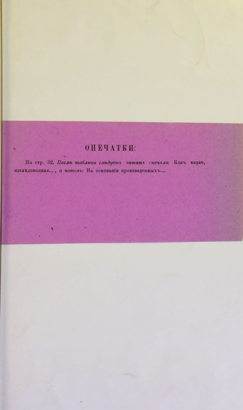 На стр. 32. Послѣ таблицы слѣдуетъ читать сначала: Какъ изслѣдованная...., а потомъ: На основаніи произведенныхъ.... видно,