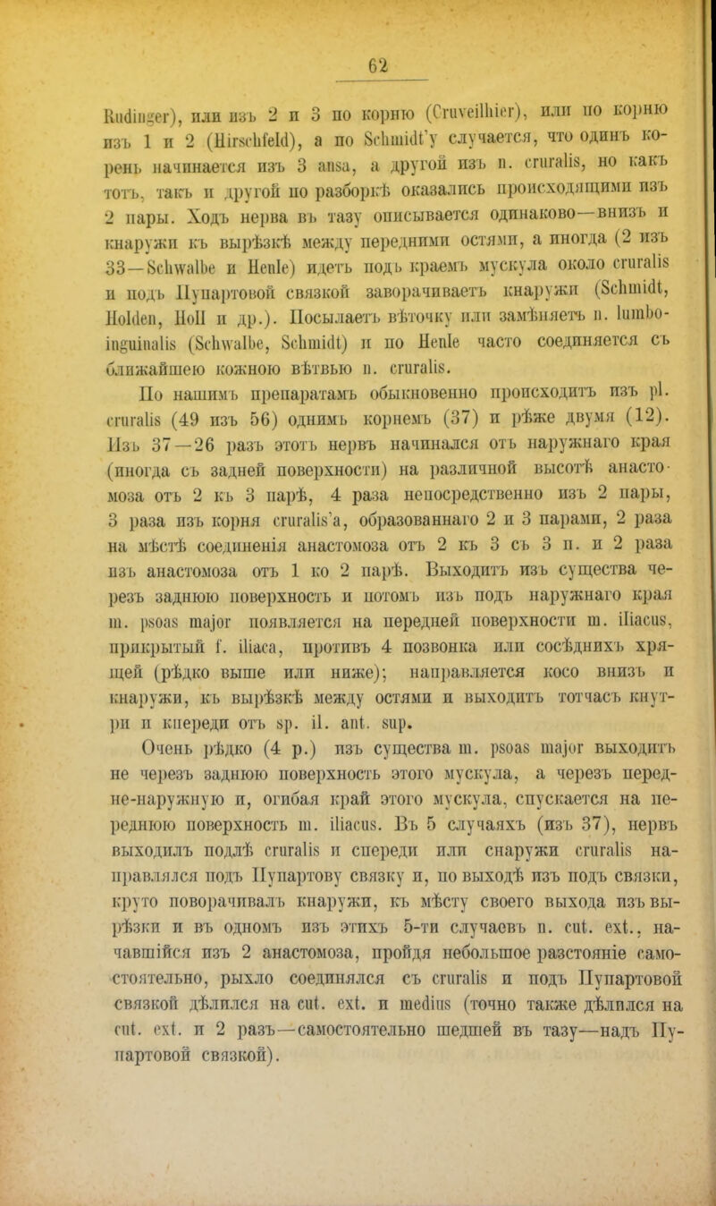 Кікіііі-ег), пли пзъ Ч п 3 по корню (СгиѵеШгіег), или но корню пзъ 1 и 2 (ДігяоЬіеИ), а по 8с1шж1Гу случается, что одинъ ко- рень начинается пзъ 3 аіш, а другой изъ п. епігаііз, но какъ тотъ, такъ и другой по разборкѣ оказались происходящими изъ 2 пары. Ходъ нерва въ тазу описывается одинаково—внизъ и кнаружи къ вырѣзкѣ между передними остями, а иногда (2 изъ 33—8с1і\ѵа1Ье и Непіе) идетъ подъ краемъ мускула около сгигаііз и подь Пупартовой связкой заворачиваетъ кнаружи (ЗспшіаЧ, НоЫеи, НоІІ н др.). Посылаеть вѣточку пли замѣняетъ и. ІшпЬо- іііёиіпаііа (8с1і\ѵаІЬе, 8сЛшіаЧ) и по НегЛе часто соединяется съ блнжайшею кожною вѣтвыо п. спіга1І8. По нашимъ препаратамъ обыкновенно происходитъ изъ рі. сгчга1І8 (49 пзъ 56) однимь корнемъ (37) и рѣже двумя (12). Изъ 37 — 26 разъ этоть нервъ начинался оть наружнаго края (пногда сь задней поверхности) на различной высотѣ анасто- моза оть 2 къ 3 нарѣ, 4 раза непосредственно изъ 2 пары, 3 раза пзъ корня сшаШ'а, образованная 2 и 3 парами, 2 раза на мѣстѣ соеднненія анастомоза оть 2 къ 3 съ 3 п. п 2 раза изъ анастомоза оть 1 ко 2 парѣ. Выходить изъ существа че- ])езъ заднюю поверхность и потомь изъ подъ наружнаго края т. |>*оп8 шаіог появляется на передней поверхности ш. іііасиз, црдкрытый і'. Шаса, иротивъ 4 позвонка или сосѣднихъ хря- щей (рѣдко выше или ниже); направляется косо внизъ и кнаружи, къ вырѣзкѣ между остями и выходптъ тотчасъ кнут- ])и п кпереди оть 8р. іі. апі. 8іір. Очень ])ѣдко (4 р.) изъ существа т. рзоаз тфг выходить не черезъ заднюю поверхность этого мускула, а черезъ перед- не-наружную и, огибая край этого мускула, спускается на пе- реднюю поверхность т. Шасіі8. Бъ 5 случаяхъ (изъ 37), нервъ выходилъ подлѣ сгига1І8 и спереди или снаружи спігаііе на- правлялся подъ Пуиартову связку н, по выходѣ изъ подъ связки, круто поворачиваль кнаружи, къ мѣсту своего выхода изъвы- рѣзкп и въ одномъ изъ этихъ 5-ти случаевъ п. сиі. ехі., на- чавшейся изъ 2 анастомоза, пройдя небольшое разстояніе само- стоятельно, рыхло соединялся съ спігаіів и подъ Пупартовой связкой дѣлился на си(. ехі. и те(Ші8 (точно также дѣлплся на піі. ехі п 2 разъ—самостоятельно шедшей въ тазу—надъ Пу- партовой связкой).