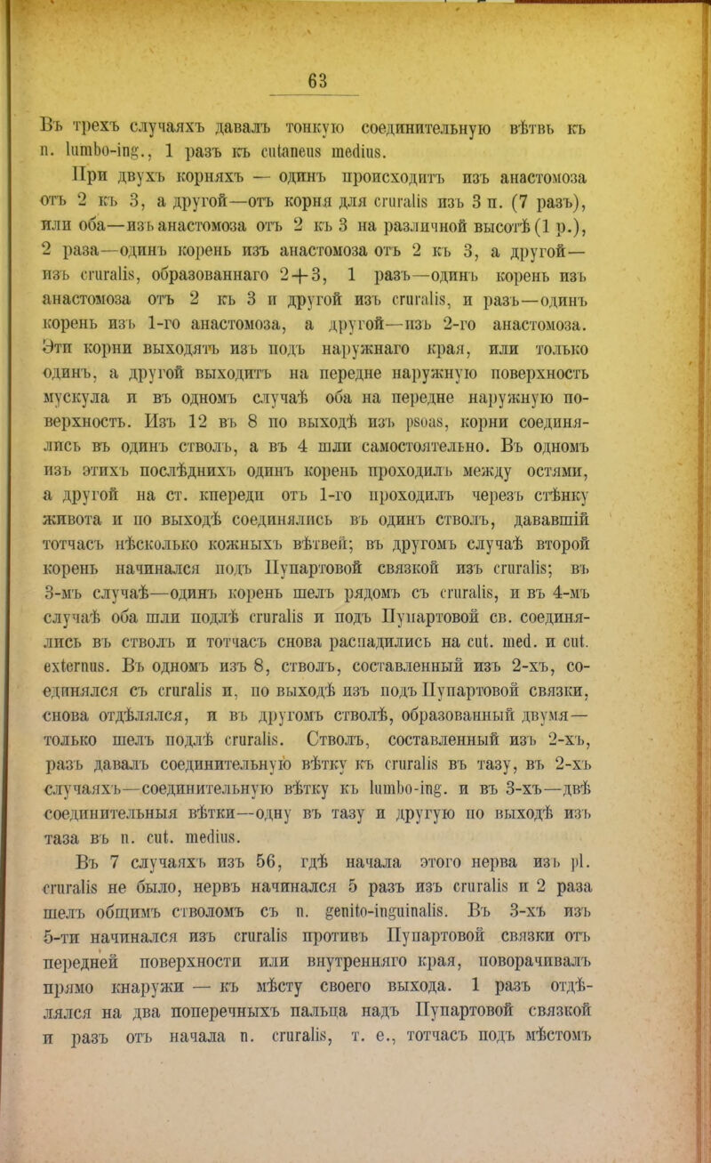 Въ трехъ случаяхъ давалъ тонкую соединительную вѣтвь къ п. НітЬо-іпд-., 1 разъ къ сиіапеиз шеаіііз. При двухъ корняхъ — одинъ происходить изъ анастомоза отъ 2 къ 3, а другой—отъ корня для сгигаііз изъ 3 п. (7 разъ), или оба—изьанастомоза отъ 2 къ 3 на различной высотѣ(1 р.), 2 раза—одинъ корень изъ анастомоза отъ 2 къ 3, а другой— изъ сгигаіік, образованнаго 2 + 3, 1 разъ—одинъ корень изъ анастомоза отъ 2 къ 3 и другой изъ сгигаііз, и разъ—одинъ корень изъ 1-го анастомоза, а другой—изъ 2-го анастомоза. Эти корни выходятъ изъ подъ наружнаго края, или только одинъ, а другой выходитъ на передне наружную поверхность мускула и въ одномъ случаѣ оба на передне наружную по- верхность. Изъ 12 въ 8 по выходѣ изъ рвоав, корни соединя- лись въ одинъ стволъ, а въ 4 шли самостоятельно. Въ одномъ изъ этихъ послѣднихъ одинъ корень проходилъ между остями, а другой на ст. кпереди отъ 1-го проходилъ черезъ стѣнку живота и по выходѣ соединялись въ одинъ стволъ, дававшій тотчасъ несколько кожныхъ вѣтвей; въ другомъ случаѣ второй корень начинался подъ Пупартовой связкой изъ сгигаііз; въ 3-мъ случаѣ—одинъ корень шелъ рядомъ съ сшгаіів, и въ 4-мъ случаѣ оба шли подлѣ сгигаііз и подъ Пупартовой св. соединя- лись въ стволъ и тотчасъ снова распалились на сігі. ніе<і. и сігі. ехівгпдо. Въ одномъ изъ 8, стволъ, составленный изъ 2-хъ, со- единялся съ сгигаііз и, по выходѣ изъ подъ Пупартовой связки, снова отдѣлялся, и въ другомъ стволѣ, образованный двумя— только шелъ подлѣ сгигаііз. Стволъ, составленный изъ 2-хъ, разъ давалъ соединительную вѣтку къ спігаііз въ тазу, въ 2-хъ случаяхъ—соединительную вѣтку къ 1іітЪо-іп§. и въ 3-хъ—двѣ соединительный вѣтки—одну въ тазу и другую по выходѣ изъ таза въ п. еиі. теаіи8. Въ 7 случаяхъ изъ 56, гдѣ начала этого нерва изъ рі. спігаііз не было, нервъ начинался 5 разъ изъ сгигаіів и 2 раза шелъ общимъ стволомъ съ п. §епііо-іп§иіпа1І8. Въ 3-хъ изъ 5-ти начинался изъ сгигаііз противъ Пупартовой связки отъ передней поверхности или внутренняго края, поворачивалъ прямо кнаружи — къ мѣсту своего выхода. 1 разъ отде- лялся на два поперечныхъ пальца надъ Пупартовой связкой и разъ отъ начала п. спіга1І8, т. е., тотчасъ подъ мѣстомъ