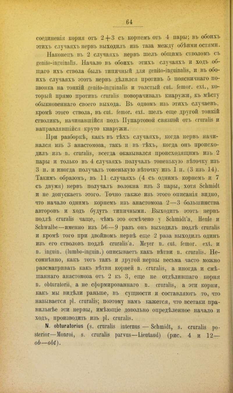 соединенія корня отъ 2-{-3 съ корнемъ отъ 4 пары; въ оооихъ этихъ случаяхъ нервъ выходплъ изъ таза между обѣими остями. Наконецъ въ 2 случаяхъ нервъ шелъ оОщпмъ стволомъ съ §епік)-іпі:іііпаІІ8. Начало въ обоихъ этихъ случаяхъ и ходъ об- щаго ихъ ствола былъ типичный для ^піІо-іп&иіпаШ, и въ обо- ихъ случаяхъ этотъ нервъ дѣлился противъ 5 поясничнаго по- звошса на тонкій депііо-інциіііаШ и толстый сиі. йчпог. ехі., ко- торый ирямо противъ СГШЖІІ8 поворачпвалъ кнаружи, къ мѣсту обыкновеннаго своего выхода. Въ одномь изь этихъ случаевъ, кромѣ этого ствола, въ сиі. Гетог. ехі. шелъ еще другой тонкій стволпкъ, начинавшиеся подъ Пупартовой связкой отъ спігаііз и направлявшійся круто кнаружи. При разборкѣ, какъ въ тѣхъ случаяхъ, когда нервъ начи- нался изъ 3 анастомоза, такъ и въ тѣхъ, когда онъ происхо- дилъ изъ а. сгигаііь, всегда оказывался происходящимь изь 2 пары и только въ 4 случаяхъ получалъ тоненькую вѣточку изъ 3 п. и иногда получалъ тоненькую вѣточку изъ 1 и. (3 изъ 14). Такимь образомъ, въ 11 случаяхъ (4 съ одншгь корнемь и 7 съ двумя) нервъ получалъ волокна изъ 3 пары, хотя 8е1ітіс1і и не допускаеть этого. Точно также изъ этого описанія видно, что начало однимь корнемъ изъ анастомоза 2 — 3 большинства авторовъ и ходъ будутъ типичными. Выходить этотъ нервъ подлѣ сгигаііз чаще, чѣмъ это отмѣчено у БсЬтШГа, Неиіе и 8сЬ\ѵа1Ье—именно изъ 56 — 9 разъ онъ выходилъ иодлѣ сгига1І8 и кромѣ того при двойномъ нервѣ еще 2 раза выходилъ одинъ изъ его стволовъ подлѣ спіга1І8'а. Меуег п. ічіі. [етог. ехі. и п. шріп. (ІишЬо-іпёиіп.) оиисываетъ какъ вѣтви п. сгигаіі». Не- сомнѣнно, какъ тоть такъ и другой нервы весьма часто можно разсматриватъ какъ вѣтви корней п. егига1і8, а иногда и смѣ- шаннаго анастомоза отъ 2 къ 3, еще не отдѣлившаго корня п. оЫпгаІогіі, а не сформированная п. спіга1І8, а эти корни, какъ мы видѣли раньше, въ сущности и составляютъ то, что называется рі. сгигаііз; поэтому намь кажется, что всетаки пра- вильнѣе эти нервы, имѣющіе довольно опредѣленное начало и ходъ, производить изъ рі. сгига1І8. N. оЬіигаіогіиз (8. сгпга1І8 іпіегпиз — Зсіівшіі, 8. сгигаііз ро- 8Іегіог—Мопгоі, 8. спіга1І8 рагѵіі8—Ыепіаікі) (рис. 4 и 12 — оЬ—оЫ).