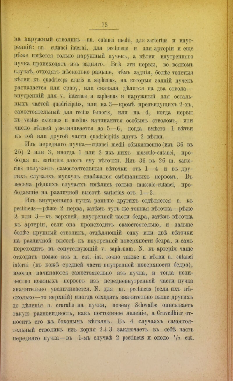 на наружный стволпкъ—пп. сиіапеі шесііі, для вагіогшз и внут- ренній: іш. еиктіеі іпіепй, для ресііпеиз и для артеріи и еще рѣже имѣется только наружный пучекъ, а вѣтви внутренняго пучка происходять изъ задняго. Всѣ эти нервы, во всякомъ случаѣ, отходятъ нѣсколько раньше, чѣмъ заднія, болѣе толстыя вѣтвп къ (іиа(1гісор8 сгигіз и зарЬсшік, на который задній пучекъ распадается или сразу, или сначала дѣлится на два ствола— внутренній для ѵ. іпіепшз и зарЪеішз и наружный для осталь- ныхъ частей ^цаагісщй&, или на 3—кромѣ предъидущихъ 2-хъ, самостоятельный для гесіиз Гешогіз, или на 4, когда нервы къ ѵа8иі8 ехіепшз и шешиз начинаются особымъ стволомъ, или число вѣтвей увеличивается до 5—6, когда вмѣсто 1 вѣтви къ той или другой части диа<!гісірШ8 идутъ 2 вѣтви, Изъ передняго пучка—оиіапеі шеші обыкновенно (изъ 36 въ 25) 2 или 3, иногда 1 или 2 изъ нихъ шивсиіо-сиіапеі, про- бодая т. загіогііі», даютъ ему вѣточки. Изъ 36 въ 26 ш. загіо- гііі8 получаетъ самостоятельный вѣточки отъ 1—4 и въ дру- гихъ случаяхъ мускулъ снабжался смѣшанныхъ нервомъ. Въ весьма рѣдкпхъ случаяхъ имѣлись только пшсиіо-сиіапеі, про- бодавшіе на различной высотѣ аагіогшз отъ 1—3. Ызъ внутренняго пучка раньше другихъ отделяется п. къ ресіінеаз—рѣже 2 нерва, затѣмъ тутъ же тонкая вѣточка—рѣже 2 или 3—къ верхней, внутренней части бедра, затѣмъ вѣточка къ артеріи, если она происходить самостоятельно, и дальше болѣе крупный стволикъ, отдѣляющій одну или двѣ вѣточки на различной высотѣ къ внутренней поверхности бедра, и самъ переходить въ сопутствующій ѵ. зарпепаш. N. къ артеріи чаще отходить позже изъ п. сиі. іпі. точно также и вѣтви п. соіаиеі іпіегиі (къ кожѣ средней части внутренней поверхности бедра), иногда начинаются самостоятельно изъ пучка, и тогда коли- чество кожныхъ нервовъ изъ передневнутренней части пучка значительно увеличивается. N. для т. ресііпеиз (если ихъ не- сколько—то верхній) иногда отходить значительно выше другихъ до дѣленія п. сгигаііз на пучки, почему 8с1і\ѵа1Ье описываетъ такую разновидность, какъ постоянное явленіе, а Сгиѵеііпіег от- носить его къ боковымъ вѣтвямъ. Въ 4 случаяхъ самостоя- тельный стволикъ изъ корня 24 3 заключаетъ въ себѣ часть передняго пучка—въ 1-мъ случаѣ 2 ресііпеиз и около V2 сиі.