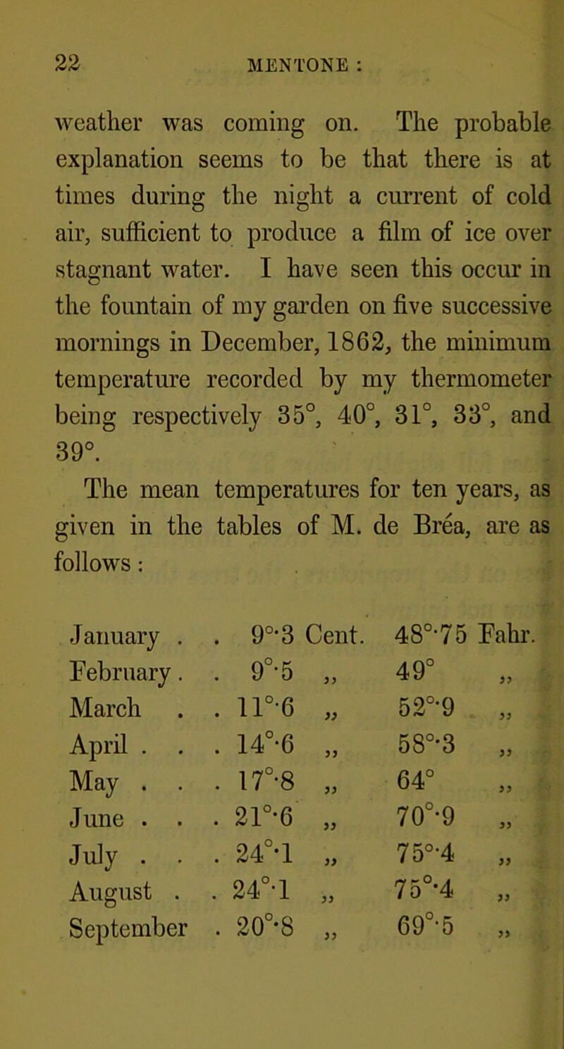 weather was coming on. The probable explanation seems to be that there is at times during the night a current of cold air, sufficient to produce a film of ice over stagnant water. I have seen this occur in the fountain of my garden on five successive mornings in December, 1862, the minimum temperature recorded by my thermometer being respectively 35°, 40°, 31°, 33°, and 39°. The mean temperatures for ten years, as given in the tables of M. de Brea, are as follows : January . . 9°*3 Cent. 48°75 Fahr February. . 9°-5 33 49° March . ll°-6 33 52°‘9 „ April . . . 14°-6 33 58°*3 „ May . . . 17°*8 33 64° June . . . 21°*6 33 70°-9 „ July . . . 24°*1 33 75°-4 „ August . . 24°*1 33 75°-4 „ September . 20°*8 33 690,5 „