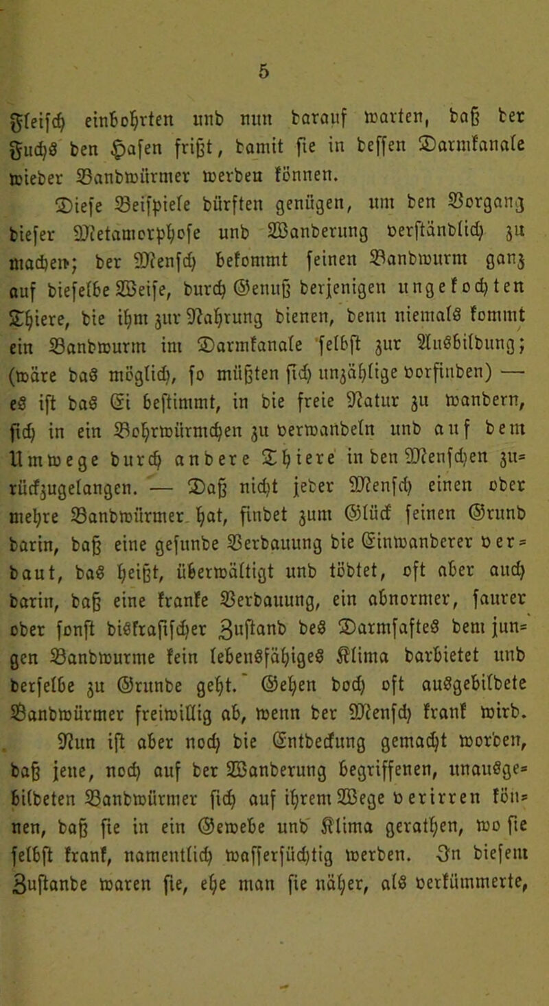 gtfeifcfy eittBo^rten unb mm barauf »arten, baß ber gudjS ben £>afen frißt, batnit fie in beffen ©artnfanale toieber 23anb»iirmer »erben fönnen. S)iefe 33eifpiele bürften genügen, um ben Vorgang biefer 2)tetamerpl;cfe unb 2Banberung oerftänblid) 3U machen; ber SJfenfd; befontmt feinen 93anb»urnt gang auf biefelbe 2Beife, burch ©enuß berjenigen ungelösten Spiere, bie if)m 31» Nahrung bienen, benn niemals fommt ein 23anb»urm im üDarmfanate felbft 31» 2luSbilbung; (»äre baS möglid), fo müßten ßd; ungültige toorfinben) — eS ift baS Si beftimmt, in bie freie 9?atur 31t »anbern, ßd; in ein 33el?r»ürmcfyen 31t t>er»anbeltt unb auf beut Um »ege burch anbere Sbiere in ben 9J?enfd)en 311= rücfgugelangen. — S)aß nidjt jefcer Sttenfd) einen ober mehre 23anb»ünner fiat, ßnbet gunt ©liicf feinen ©runb barin, baß eine gefunbe Verbauung bie (£in»anbcrer ü er = baut, baS fjeißt, über»ättigt unb tobtet, oft aber and) bariu, baß eine franfe Verbauung, ein abnormer, faurer ober fonft biSfraßfdjer Buftanb beä ©ntmfafteS bent fun= gen 33anb»urme fein lebensfähiges $lima barbietet unb berfelbe gu ©ntnbe geht. @ef;en bod) oft auSgebifbete 5ßanb»ürmer frei»illig ab, »enn ber DJtenfd) franf »irb. fUun iß aber nod; bie (Sntbecfung gemadjt »orbett, baß jene, nod) auf ber SBanberung begriffenen, itnauSge® biCbeten 33anb»ürmer fich auf ihrem 233ege t) erirren fön* nen, baß ße in ein ®e»ebe unb ftlima geratf;en, »0 ße felbft franf, namentlich »afferfüdßig »erben, 3m biefeut Bußanbe »aren fie, ehe man fie näl;er, als oerfümmerte,