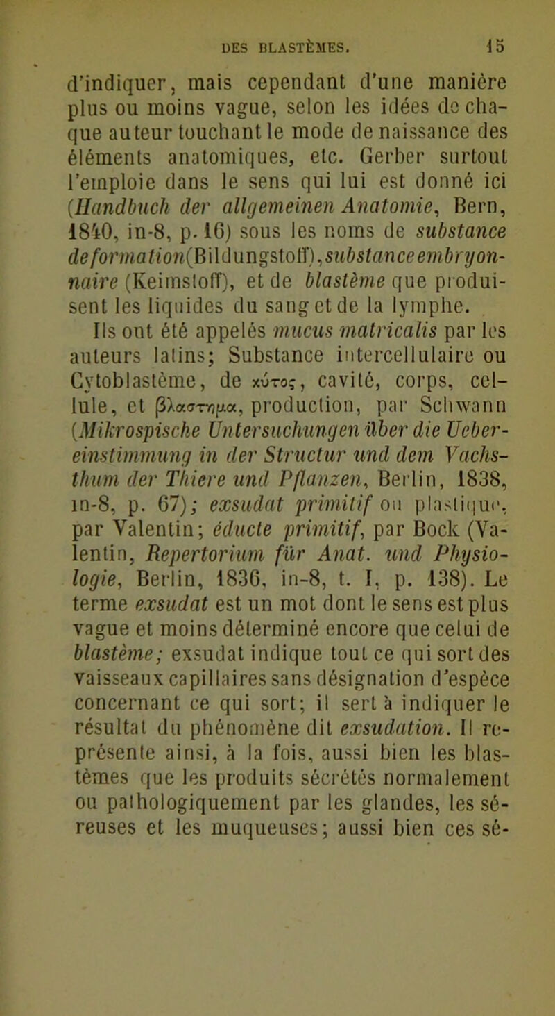 d’indiquer, mais cependant d’une manière plus ou moins vague, selon les idées de cha- que auteur touchant le mode de naissance des éléments anatomiques, etc. Gerber surtout l’emploie dans le sens qui lui est donné ici (Handbuch der allgemeinen Anatomie, Bern, 1840, in-8, p. 10) sous les noms de substance déforma tion{ B i 1 d ungstoff), substan ce embryon- naire (Keimsloff), et de blastème que produi- sent les liquides du sang et de la lymphe. Ils ont été appelés mucus matricalis par les auteurs latins; Substance iutercellulaire ou Cvtoblastème, de xutoç, cavité, corps, cel- lule, et pw-rr/ua, production, par Schwann (Mikrospische Ùntersuchungen ïlbcr die Ueber- einstimmung in der Structur und dem Vachs- thum der Thiere und Pflanzen, Berlin, 1838, in-8, p. 67); exsudât primitif ou plastique, par Valentin; éducte primitif, par Bock (Va- lentin, Repertorium fur Anat. und Physio- logie, Berlin, 1836. in-8, t. I, p. 138). Le terme exsudât est un mot dont le sens est plus vague et moins déterminé encore que celui de blastème; exsudât indique tout ce qui sort des vaisseaux capillaires sans désignation d’espèce concernant ce qui sort; il sert à indiquer le résultat du phénomène dit exsudation. Il re- présente ainsi, ci la fois, aussi bien les blas- tèmes que les produits sécrétés normalement ou pathologiquement par les glandes, les sé- reuses et les muqueuses; aussi bien ces sé-