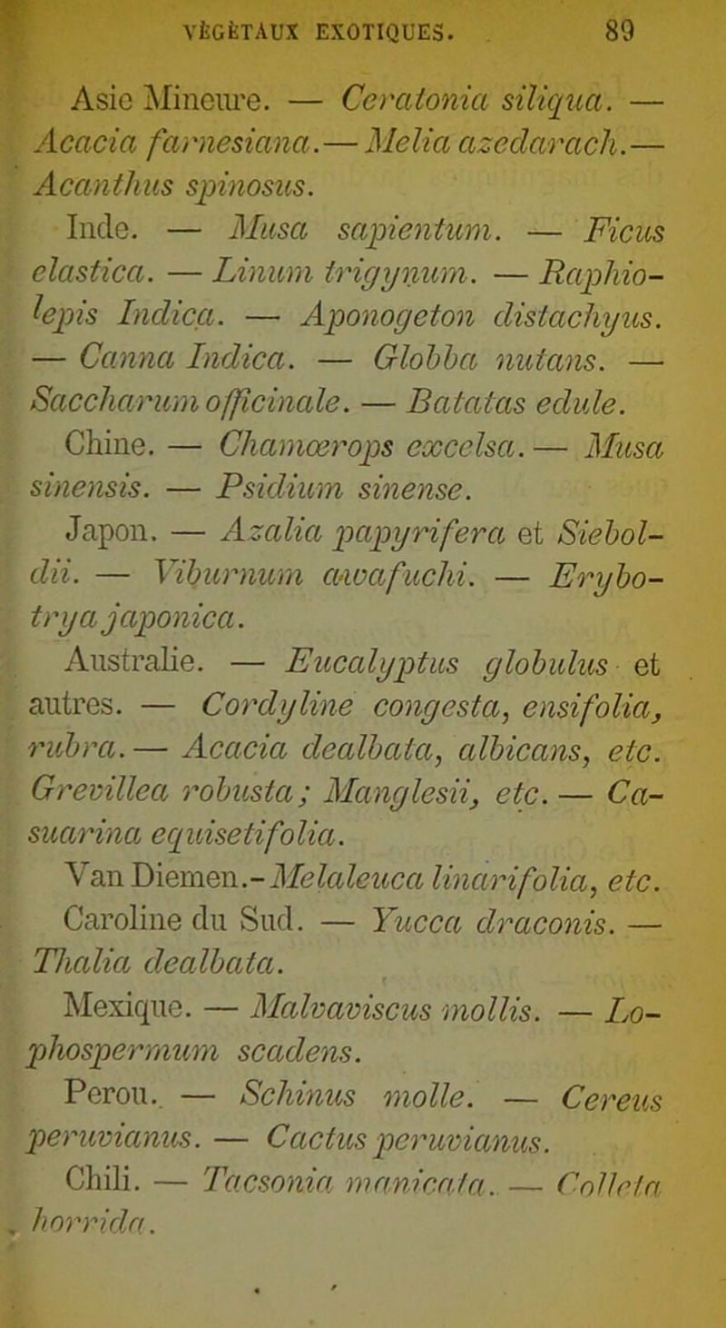 VÉGÉTAUX EXOTIQUES. 80 Asie Mineure. — Cercitonia süiqua. — Acacia farnesiana.—Melia azedarach.— Acanthus spinosus. Inde. — Musa sapientum. — Ficus clastica. — Linum trigynum. — Raphio- lepis Indicg. — Aponogeton distachyus. — Canna Indica. — Globba nutans. —- Saccharum officinale. — Batatas edide. Chine. — Chamœrops excelsa. — Musa sinensis. — Psidium sinense. Japon. — Azalia papy ri fer a et Siebol- dii. — Viburnum a-wafuchi. — Erybo- tryajaponica. Australie. — Eucalyptus globulus et autres. — Cordyline congesta, e nsi folia, rubra.— Acacia dealbaia, albicans, etc. Gremllca robusta; Manglesii, etc. — Ca- suarina eq uisetifo lia. Van Diemen.- Melaleuca linarifolia, etc. Caroline du Sud. — Yucca draconis. — Thalia dealbata. Mexique. — Malvaviscus mollis. — Lo- phosperrnum scadens. Pérou.. — Schinus molle. — Cereus peruvianus. — Cactus peruvianus. Chili. — Tacsoma manica/a. — Collera horri.da.