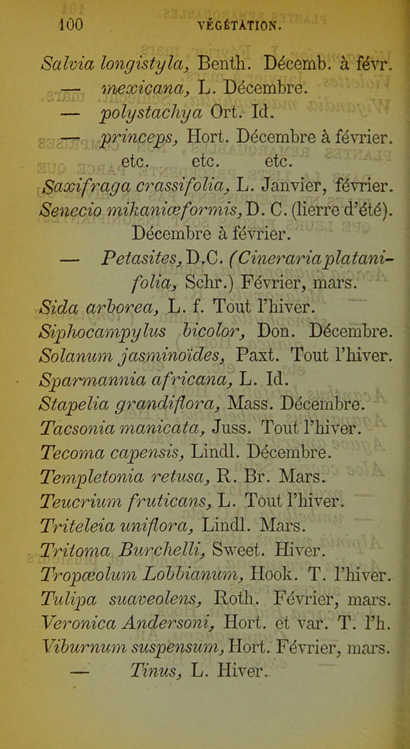 Salvia longistyla, Benth. Décemb. à févr. — mexicana, L. Décembre. — polystachya Ort. Ici. — princeps, Hort. Décembre à février. etc. etc. etc. Saxifraga crassifolia, L. Janvier, février. Senecio mikaniœformis, D. C. (lierre d’été). Décembre à février. — Petasites, D.C. (Cinerariaplatani- folia, Schr.) Février, mars. Sida arborea, L. f. Tout l’hiver. Siphocampylus bicolor, Don. Décembre. Solarium jasmino'ides, Paxt. Tout l’hiver. Sparmannia a f ricana, L. Id. Stapelia grandiflora, Mass. Décembre. Tacsonia manicata, Juss. Tout l’hiver. Tecoma capensis, Lindl. Décembre. Templetonia retusa, R. Br. Mars. Teucrium fruticans, L. Tout l’hiver. Triteleia uniflora, Lindl. Mars. Tritoma Burchelli, Sveet. Hiver. Tropœolum Lobbianum, Hook. T. l’hiver. Tulipa suaveolens, Roth. Février, mars. Veronica Andersoni, Hort. et var. T. l’h. Viburnum suspensum, Hort. Février, mars. — Tinus, L. Hiver.