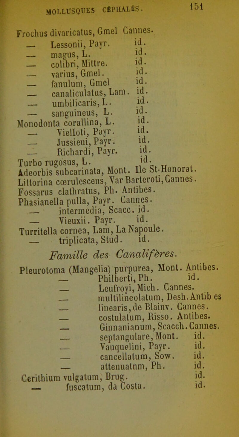 id. id. id. id. id. id. id. id. id. id. id. id. id. Frochus divaricatus, Gmel Cannes. — Lessonii, Payr. — magus, L. — colibri, Mittre. — varius,Gmel. — fanulum, Gmel — canaliculatus, Lam. — umbilicaris, L. — sanguineus, L. Monodonta corallina, L. — Yielloti, Payr. — Jussieui, Payr. _ Richardi, Payr. Turbo rugosus, L. Adeorbis subcarinala, Monl. Ile St-Honoral. Liltorina cœrulescens, YarBarleroti,Cannes. Fossarus clathratus, Ph. Antibes. Phasianella pulla, Payr. Cannes. — intermedia, Scacc. id. — Yieuxii. Payr. id. Turritella cornea, Lam, La Napoule. — triplicata, Stud. id. Famille des Canalifères. Pleurotoma (Mangelia) purpurea, Mont. Antibes. — Philberti, Ph. id. — Leufroyi, Mich. Cannes. multilineolatum, Desh.Antibes linearis,de Blainv. Cannes. — coslulatum, Risso. Antibes. Ginnanianum, Scacch. Cannes. — septangulare, Mont. id. Vauquelini, Payr. — cancellatum, Sow. — attenualnm, Ph. Cerithium vulgatum, Brug. — fuscatum, da Costa. id. id. id. id. id.