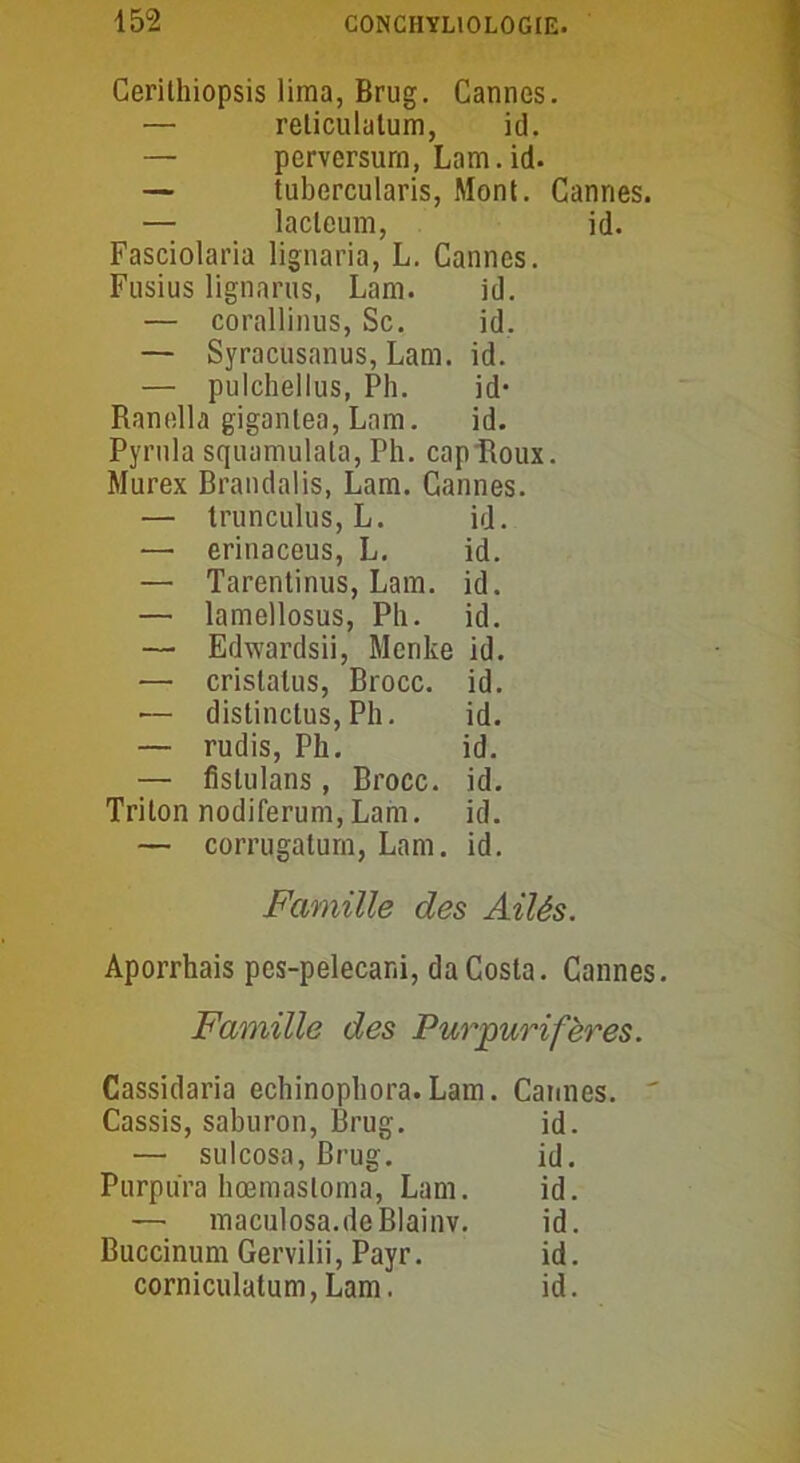 Cerithiopsis lima, Brug. Cannes. — reliculatum, id. — perversum, Lam. id. — tubercularis, Mont. Cannes. — lacleum, id. Fasciolaria lignaria, L. Cannes. Fusius lignarus, Lam. id. — corallinus, Sc. id. — Syracusanus, Lam. id. — pulchelius, Ph. id* Ranella giganlea, Lam. id. Pyrula squamulala, Ph. cap Roux. Murex Brandalis, Lam. Cannes. — trunculus, L. id. — erinaceus, L. id. — Tarentinus, Lam. id. — lamellosus, Ph. id. — Edwardsii, Menke id. — cristalus, Brocc. id. — distinctus, Ph. id. — rudis, Ph. id. — fislulans, Brocc. id. Triton nodiferum, Lam. id. — corrugatum, Lam. id. Famille des Ailés. Aporrhais pes-pelecar.i, daCosta. Cannes. Famille des Pur pur if ères. Cassidaria echinophora.Lam. Cannes. Cassis, saburon, Brug. id. — sulcosa, Brug. id. Purpura hœmasloma, Lam. id. — maculosa.de Blainv. id. Buccinum Gervilii, Payr. id. corniculatum,Lam. id.