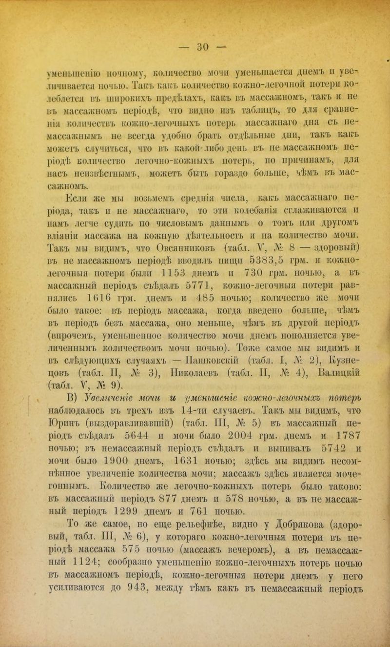 уценыненію ночному, количество мочи уменьшается днемъ п уве- личивается ночью. Такт, какъ количество кожпо-.іегочнон потери ко- леблется въ нпірокнхъ предѣлахъ, какъ въ массажномъ, такъ и не въ массажномъ неріодѣ, что видно изъ таблицъ, то для сравне- на количеств!, кожно-легочныхъ потерь массаиаіаго дня съ не- массажиимъ не всегда удобно брать отдѣльние дин, такъ какъ можегъ случиться, что въ какой-либо день въ не массажномъ пе- ріодѣ количество легочно-кожныхъ потерь, но нричинамъ, для насъ неизвѣстнымъ, можегь быть гораздо больше, чѣмъ въ мас- еаи;номъ. Если же мы возьмемъ вредаія числа, какъ массажнаго не- [>іода, такъ и не массажнаго, то дШ колебанія сглаживаются н намъ легче судить но числовымъ дапньімъ о томъ н.ш другомъ вліяніи массажа на кожную деятельность и на количество мочи. Такъ мі.і вядимъ, что Овеянниковъ (табл. У, № 8—здоровый) въ не массажномъ неріодѣ вводилъ нищи 5383,5 грм. н кожно- легочнын потерн были 1 ] 53 днемъ и 730 грм. ночью, а въ массажный неріодъ съѣдалъ 5771, кожію-л сточи ыя потери рав- нялись 1616 грм. днемъ н 485 ночью; количество же мочіі было такое: въ неріодъ массажа, когда введено больше, чѣмъ въ періодъ безъ массажа, оно меньше, аѣмъ въ другой періодъ (вирочемъ, уменьшенное количество мочи днемъ пополняется уве- личенным!, количеством!» мочи ночью). Тоже самое мы видимъ и въ с гі. і)ющихъ случаях*!, — ІІашкопекіп (табл. I, № 2), Кузие- цовъ (табл. II, № 3), Николаев!, (табл. II, № 4), Ііалицкій (табл. V, № 9). В) Увслнчсніс мочи и умсньшсніс кожно-легочныхъ потерь наб.подалось въ трехъ изъ 14-ти случаевъ. Такъ мы видимъ, что Юринъ (выздоравлнвавшіп) (таб.!. III, № 5) въ массаишый пе- ріодъ съѣдалъ 5644 н мочи было 200 1 грм. днемъ и 1787 ночью; въ немассажный періодъ съѣдалъ и выпнвалъ 5742 и мочи было 1900 днемъ, 1631 ночью; здѣсь мы видимъ несом- нѣпное увеличепіе количества мочи; массажъ здѣсь является моче- гоннымъ. Количество же легочно-кожныхъ потерь было таково: въ массаипшй иеріодъ 877 днемъ и 578 ночью, а въ не массаж- ный неріодъ 129!) днемъ п 761 ночью. То же самое, но еще рельефпѣе, видно у Добрякова (здоро- вый, табл. III, № 6), у котораго кояшо-легочныя потери въ пе- ріодѣ массаиіа 575 ночью (массажъ вечеромъ), а въ немассаж- ный 1124; сообразно умепыпепію кожно-легочиыхъ потерь ночью въ массажномъ періодѣ, кожно-легочныя потери диемъ у него усиливаются до 943, между тѣмъ какъ въ немассажный періодъ