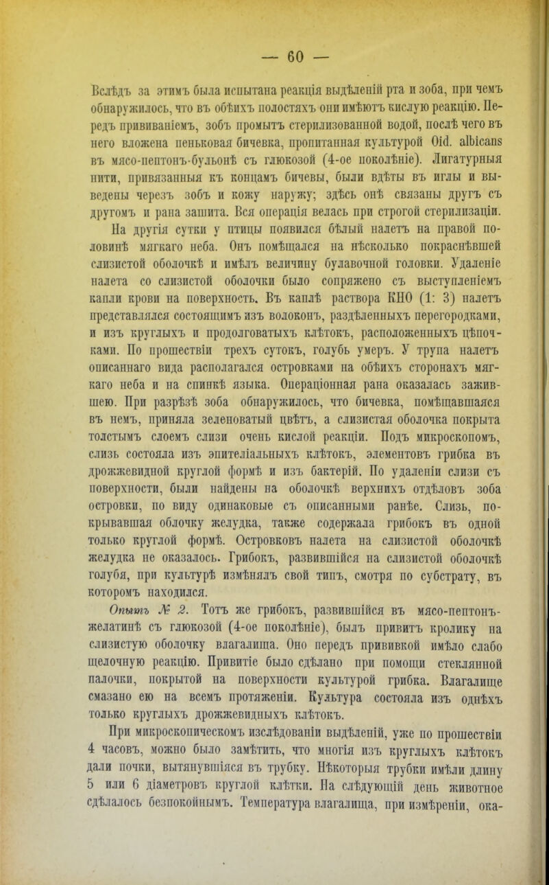 Вслѣдъ за этимъ была испытана реакція выдѣленій рта и зоба, при чемъ обнаружилось, что въ обѣихъ иолостяхъ они имѣютъ кислую реакцію. II е- редъ прививаніемъ, зобъ промыть стерилизованной водой, послѣ чего въ него вложена пеньковая бичевка, пропитанная культурой 0і4 аІЬісапз въ мясо-пептонъ-бульонѣ съ глюкозой (4-ое иоколѣніе). Лигатурныя нити, привязанный къ концамъ бичевы, были вдѣты въ иглы и вы- ведены черезъ зобъ и кожу наружу; здѣсь онѣ связаны другъ съ другомъ и рана зашита. Вся операція велась при строгой стерилизаціи. На другія сутки у птицы появился бѣлый налетъ на правой по- ловипѣ мягкаго неба, Онъ помѣщался на нѣсколько покраснѣвшей слизистой оболочкѣ и имѣлъ величину булавочной головки. Удаленіе налета со слизистой оболочки было сопряжено съ выступленіемъ капли крови на поверхность. Въ каплѣ раствора КНО (1: 3) налетъ представлялся состоящимъ изъ волоконъ, раздѣленныхъ перегородками, и изъ круглыхъ и продолговатыхъ клѣтокъ, расположенныхъ цѣпоч- ками. По прошествіи трехъ сутокъ, голубь умеръ. У трупа налетъ описаннаго вида располагался островками на обѣихъ сторонахъ мяг- каго неба и на спинкѣ языка. Онераціониая рана оказалась зажив- шею. При разрѣзѣ зоба обнаружилось, что бичевка, помѣіцавшаяся въ немъ, приняла зеленоватый цвѣтъ, а слизистая оболочка покрыта толстымъ слоемъ слизи очень кислой реакціи. Подъ микроскопомъ, слизь состояла изъ эиителіальныхъ клѣтокъ, элементовъ грибка въ дрожжевидной круглой формѣ и изъ бактерій. По удаленіи слизи съ поверхности, были найдены на оболочкѣ верхнихъ отдѣловъ зоба островки, по виду одинаковые съ описанными ранѣе. Слизь, по- крывавшая облочку я;елудка, также содержала грибокъ въ одной только круглой формѣ. Островковъ налета на слизистой оболочкѣ желудка не оказалось. Грибокъ, развившійся на слизистой оболочкѣ голубя, при культурѣ измѣнялъ свой типъ, смотря по субстрату, въ которомъ находился. Опытъ № 2. Тотъ же грибокъ, развившійся въ мясо-пептонъ- желатинѣ съ глюкозой (4-ое поколѣніе), былъ привитъ кролику на слизистую оболочку влагалища. Оно передъ прививкой имѣло слабо щелочную реакцію. Привитіе было сдѣлано при помощи стеклянной палочки, покрытой на поверхности культурой грибка. Влагалище смазано ею на всемъ протяженіи. Культура состояла изъ однѣхъ только круглыхъ дрожжевидныхъ клѣтокъ. При микроскопическомъ изслѣдованіи выдѣленій, уя;е по прошествіи 4 часовъ, можно было замѣтить, что многія изъ круглыхъ клѣтокъ дали почки, вытянувшіяся въ трубку. Пѣкоторыя трубки имѣли длину 5 или 6 діаметровъ круглой клѣтки. На слѣдующій день животное сдѣлалось безпокойнымъ. Температура влагалища, при измѣреніи, ока-