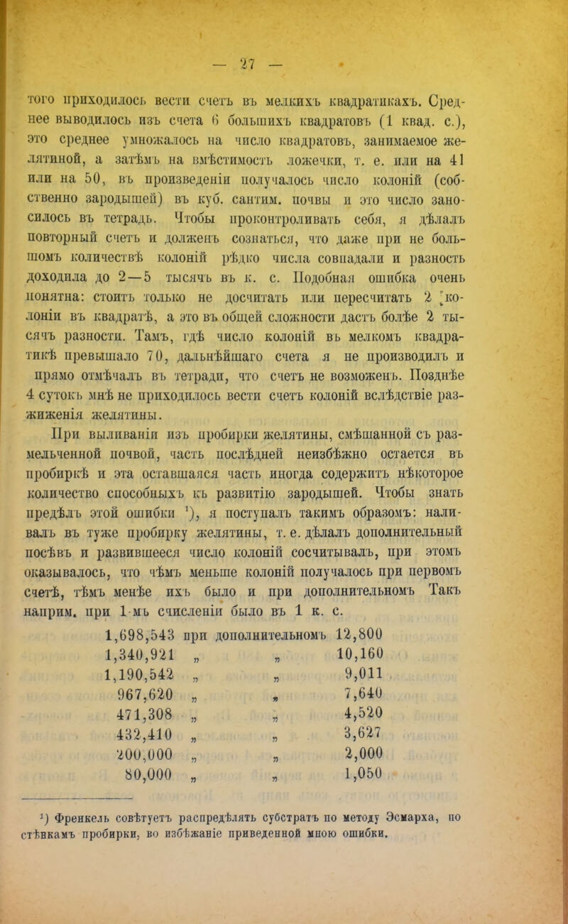 того приходилось вести с четь въ мелкихъ квадратнкахъ. Сред- нее выводилось изъ спета 6 болыпихъ квадратовъ (1 квад. с), это среднее умножалось на число квадратовъ, занимаемое же- лятиной, а затѣмъ на вмѣстимость ложечки, т. е. или на 41 или на 50, въ произведеніи получалось число колоній (соб- ственно зародышей) въ куб. сантим, почвы и это число зано- силось въ тетрадь. Чтобы ироконтроливать себя, я дѣлалъ повторный счетъ и долженъ сознаться, что даже при не боль- пюмъ количествѣ колоній рѣдко числа совпадали и разность доходила до 2 — 5 тысячъ въ к. с. Подобная ошибка очень понятна: стоить только не досчитать или пересчитать 2 [ко- лоши въ квадратѣ, а это въ общей сложности дастъ болѣе 2 ты- сячъ разности. Тамъ, гдѣ число колоній въ мелкомъ квадра- тикѣ превышало 70, дальнѣйшаго счета я не производилъ и прямо отмѣчалъ въ тетради, что счетъ не возможен!). Позднѣе 4 суток ь мнѣ не приходилось вести счетъ колоній вслѣдствіе раз- жиженія желятины. При выливаніи изъ пробирки желятины, смѣшанной съ раз- мельченной почвой, часть послѣдней неизбѣжно остается въ пробиркѣ и эта оставшаяся часть иногда содержитъ нѣкоторое количество способныхъ къ развитію зародышей. Чтобы знать предѣлъ этой ошибки я поступалъ такимъ образомъ: нали- валъ въ туже пробирку желятины, т. е. дѣлалъ дополнительный посѣвъ и развившееся число колоній сосчитывалъ, при этомъ оказывалось, что чѣмъ меньше колоній получалось при первомъ счетѣ, тѣмъ менѣе ихь было и при дополнительномъ Такъ наирим. при 1-мъ счисленіи было въ 1 к. с. 1,698,543 при дополнительномъ 12,800 1,340,921 » я 10,160 1,190,542 Я я 9,011 967,620 я У) 7,640 471,308 я я 4,520 432,410 я я 3,627 200,000 я я 2,000 80,000 я я 1,050 *) Френкель совѣтуетъ распределять субстратъ по методу Эсмарха, по стѣвкамъ пробирки, во избѣжавіе приведенной мною ошибки.