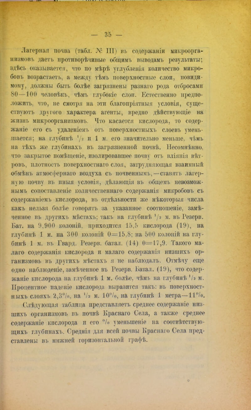 — Зо — Лагерная почва (табл. III) въ еодержаніи микроорга- низмов!, даетъ нротиворѣчивые общимъ выводамъ результаты; здѣсь оказывается, что по ыѣрѣ углубления количество микро- бовь возрастаетъ, а между тѣмъ поверхностные слои, невиди- мому, должны быть болѣе загрязнены разнаго рода отбросами 80 —100 человѣкъ, чѣмъ глубокіе слон. Естественно предпо- ложить, что, не смотря на эти благопріятныя условія, суще- ствуютъ другого характера агенты, вредно дѣйствующіе на жизнь мнкроорганнзмовь. Что касается кислорода, то содер- жаще его сь удаленіемъ отъ поверхностныхъ слоевъ умень- шается: на глубпнѣ 7а п 1 м. его значительно меньше, чѣмъ на тѣхъ же глубинахъ въ загрязненной почвѣ. Несомнѣнно. что закрытое помѣшеніе, изолировавшее почву отъ вліянія вѣт- ровъ, плотность поверхностнаго слоя, затрудняющая взаимный обмѣнъ атмосфернаю воздуха съ почвеннымь,— ставять лагер- ную почву въ пныя условія, дѣлающія въ общемъ невозмож- ным!) соиоставленіе количественнаго содержанія микробовъ съ содержаніемъ кислорода, въ отдѣльностп же нѣкоторыя числа кавъ нельзя болѣе говорятъ за указанное соотношеніе, замѣ- ченное въ другихъ мѣстахъ: такъ на глубинѣ */« м. въ Резерв. Бат. на 9,900 колоніи. приходится 15,5 кислорода (19), на глубинѣ 1 и. на 300 колоній 0=15.8: на 500 колоній на глу- Пинѣ 1 м. въ Гва]>д. Резерв, батал. (14) 0=17,9. Такого ма- лаго содержанья кислорода и малаго содержанігт низшихъ ор- ганизмовъ въ другихъ мѣстахъ я не наблюдалъ. Отмѣчу еще одно паблтоденіе, замѣченное въ Резерв. Батал. (19), что со дер - жаніе кислорода на глубпнѣ 1 м. болѣе, чѣмъ на глубинѣ '/а м. Процентное паденіе кислорода выразится такъ: въ поверхност- ныхъ слояхъ 2,:і,о. на '/г м. 10/о, на глубинѣ 1 метра—11°/о. Следующая таблица представляетъ среднее содержаніе низ- шихъ организмовъ въ почвѣ Краснаго Села, а также среднее содержаніе кпслорода и его &І& уменыпеніе на соотвѣтствую- щихъ глубпнахь. Срѳднія для всей почвы Краснаго Села пред- ставлены въ нижней горизонтальной графѣ.