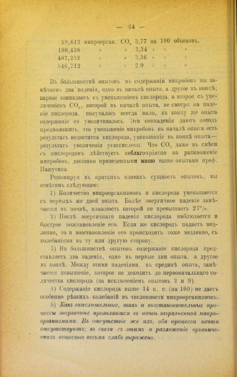 — 04 — 5!»,6П мпкроорган. СО, 3,77 на 100 объемовъ. 190,438 > » 3,24 » » » ' г 407,252 » » 3,36 » » » 546,712 » э 2.0 » » » Въ болылпнствѣ опытовь въ содержаніи микробовь мы за- мѣчаемі. два'паденіл, одни въ началѣ опыта, а другое въ концѣ; первое совпадаеті, съ умспыпеніе.мъ кислорода, а второе сь уве- лнченіемъ СО,, которой въ началѣ опыта, несмотря па иаде- иіе кислорода, получалось всегда мало, къ конп,у же опыта содержаніе ея увеличивалось. Э*гй совпаденія даютъ поводъ предположить, что уменьшеніе микробовь въ началѣ опыта есть результать недостатка кислорода, уменьгаепіе въ концѣ опыта— результать увеличения углекислоты. Что СО, даже въ смѣсп съ киолородомъ дѣйствуеть неблагопріятпо на размноженіе микробовь, доказано приведенными мною выпіе опытами проф. Пашѵтпна. ■ Резюмируя вь краткп.ѵь словахъ сущность опытовъ, мы отмьтимъ слѣдующее: 1) Количество микроорганизмовъ и кислорода уменьшается съ первыхъ же дней опыта. Болѣе энергичное наденіе заме- чается въ почвѣ, влажность которой не превышает!, 27°/о. 2) Послѣ энергичнаго паденін кислорода наблюдается и быстрое возстановленіе его. Если же кнслородь падаетъ мед- ленно, то п возстановленіе его н])оисходнтъ тоже медленно, съ колебаніями въ ту пли другую сторону. '.\) Въ бо.іьшинствѣ оиытовь содержаніе кислорода пред- ставляетъ два наденія, одно въ первые дни опыта, а другое вь конпѣ. Между этими иаденіямп, въ срединѣ опьгга, замѣ- чается иовышеніе, которое не доходить до первоначальнаго ко- личества кислорода (за псключеніемъ опытовъ 2 и 9). I) ( одержаиіе кислорода выше 14 к. с. (на 100) не даетъ особенно рѣзкихъ колебаній въ численности микроорганизмовъ. 5) Какъ окислительные, такъ и воістановительные про- цессы тергичнѣе проявляются въ почвѣ загрязненной микро- организмами. Въ отсутствіе же ихъ. оба процесса почти отсутствуют?/, въ связи съ этимъ п разложение органиче- скихъ вещество весьма слабо выражено.