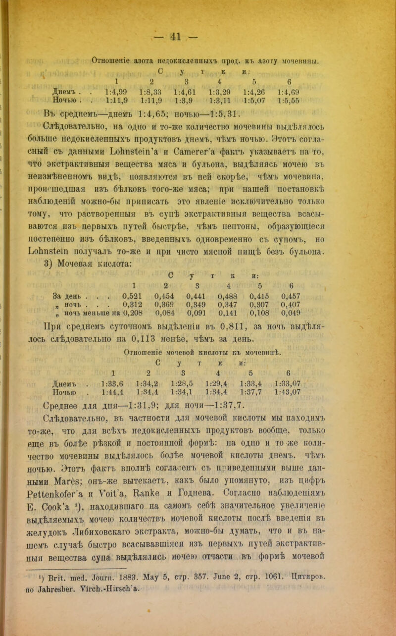 Отношеніе азота недокиеленныхъ прод. къ азоту мочевины. С у т в и : 1 2 3 4 5 6 Днемъ . . 1:4,90 1:8,33 1:4,61 1:3,29 1:4,26 1:4,69 Ночью . . 1:11,9 1:11,9 1:3,9 1:3,11 1:6,07 1:5,65 Въ среднемъ—днемъ 1:4,65; ночью—1:5,31. Слѣдовательно, на одно и то-же количество мочевины выдѣлялось больше недокиеленныхъ продуктовъ днемъ, чѣмъ ночью. Этотъ согла- сный съ данными Ьопп8Іеіп'а и Сатегег'а фактъ указываетъ на то, что экстрактивный вещества мяса и бульона, выдѣляясь мочею въ неизмѣненномъ видѣ, появляются въ ней скорѣе, чѣмъ мочевина, происшедшая изъ бѣлковъ того-же мяса; при нашей постановкѣ наблюденій можно-бы приписать это явленіе исключительно только тому, что растворенный въ супѣ экстрактивный вещества всасы- ваются изъ первыхъ путей быстрѣе, чѣмъ пептоны, образующееся постепенно изъ бѣлковъ, введенныхъ одновременно съ супомъ, но ЬоЬпзІеіп получалъ то-же и при чисто мясной пищѣ безъ бульона. 3) Мочевая кислота: Сутки: 1 2 3 4 5 6 За день . . . 0,521 0,454 0,441 0,488 0,415 0,457 „ ночь . . . 0,312 0,369 0,349 0,347 0,307 0,407 „ ночь меньше на 0,208 0,084 0,091 0,141 0,108 0,049 При среднемъ суточномъ выдѣлепіи въ 0.811, за ночь выделя- лось слѣдовательно на 0,113 менѣе, чѣмъ за день. Отношеніе мочевой кислоты къ мочевннѣ. С у т к и: 1 2 3 4 5 6 Днемъ . 1:33,6 1:34,2 1:28,5 1:29,4 1:33,4 1:33,07 Ночью . 1:44,4 1:34,4 1:34,1 1:34,4 1:37,7 1:43,07 Среднее для дня—1:31,9; для ночи—1:37,7. Слѣдовательно, въ частности для мочевой кислоты мы находимъ то-же, что для всѣхъ недокиеленныхъ продуктовъ вообще, только еще въ болѣе рѣзкой и постоянной формѣ: на одно и то же коли- чество мочевины выдѣлялось болѣе мочевой кислоты днемъ. чѣмъ ночью. Этотъ фактъ вполнѣ согласенъ съ приведенными выше дан- ными Магёз; онъ-же вытекаетъ, какъ было упомянуто, изъ цифръ РеііепкоГега и ѴоіІ'а, Капке и Годнева. Согласно наблюдешямъ Е. Соок'а находившаго на самомъ себѣ значительное увеличеніе выдѣляемыхъ мочею количествъ мочевой кислоты послѣ введеніи въ желудокъ Либиховскаго экстракта, можно-бы думать, что и въ на- шемъ случаѣ быстро всасывавшіяся изъ первыхъ путей экстрактив- ный вещества супа выдѣлялись мочею отчасти въ формѣ мочевой ') Вгіі. теа\ .Іоиги. 1883. Мау 5, стр. 357. .Типе 2, стр. 1061. Цптиров. по .ІаЬгезЪег. ѴігсЬ.-НігзсЬ'а.