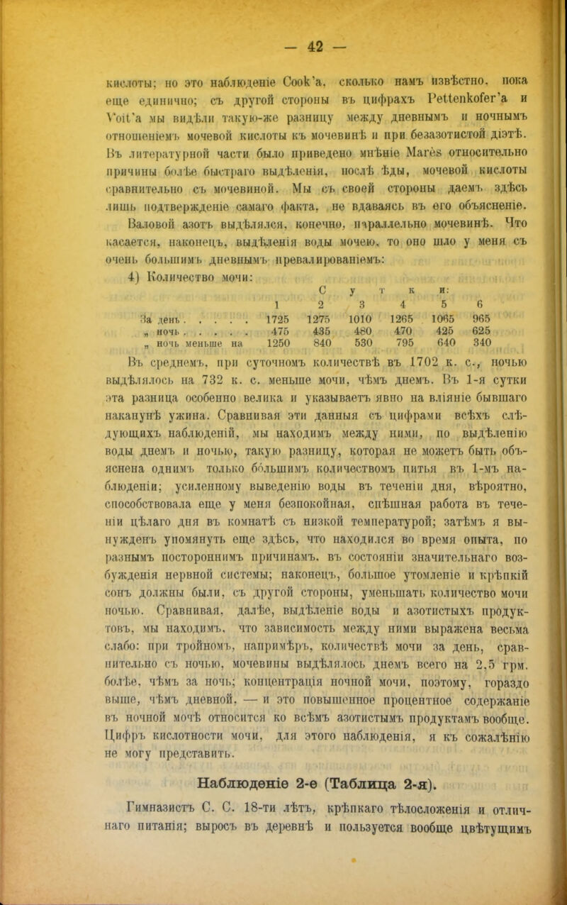 кислоты; но это наблюденіе Соок'а. сколько намъ извѣстно. пока еще единично; съ другой стороны въ цифрахъ РеИепкоГег'а и ѴоіГа мы видѣли такую-же разницу между дневпымъ и ночнымъ отношеніемъ мочевой кислоты къ мочевинѣ в при безазотистой діэтѣ. Въ литературной части было приведено мнѣніе Магёз относительно причины бол'ве быстраго выдѣлонш, нослѣ ѣды, мочевой кислоты сравнительно съ мочевиной. Мы съ своей стороны даемъ здѣсь лишь иодтвержденіе самаго факта, не вдаваясь въ ѳго объясненіе. Валовой азотъ выдѣлнлсн, конечно, параллельно мочевинѣ. Что касается, наконецъ, выдѣленін воды мочею, то оно шло у меня съ очень большимь дневпымъ иревалировашемъ: 4) Количество мочи: С У г к и. 1 2 3 4 5 6 день 1725 1 27Г) 1010 1265 1065 965 475 435 480 470 425 625 ночь меньше на 1250 840 530 795 040 340 Въ среднемъ. при суточномъ колнчествѣ въ 1702 к. с, ночью ныдѣлнлось на 732 к. с. меньше мочи, чѣмъ днемъ. Въ 1-я сутки эта разница особенно велика и указываетъ явпо на вліяніе бывшаго пакапунѣ ужина. Сравнивая эти данныя съ Цифрами всѣхъ слѣ- дующихъ наблюденін, мы находимъ между ними, по выдѣлепію воды днемъ и ночью, такую разницу, которая не можетъ быть объ- яснена однимъ только большимь количествомъ питья въ 1-мъ на- блюденіи; усиленному выведенію воды въ теченіи дня, вѣроятно, способствовала еще у меня безпокойная, спѣшная работа въ тече- ніи цѣлаго дня въ комнатѣ съ низкой температурой; затѣмъ я вы- ну жденъ упомянуть еще здѣсь, что находился во время опыта, по разнымъ постороннимъ причинамъ. въ состояніи значительна™ воз- бужденія нервной системы; наконецъ, большое утомленіе и крѣпкій сонъ должны были, съ другой стороны, уменьшать количество мочи ночью. Сравнивая, далѣе, выдѣленіе воды и азотнстыхъ продук- товъ. мы находимъ. что зависимость между ними выражена весьма слабо: при тройномъ, напримѣръ, количествѣ мочи за день, срав- нительно съ ночью, мочевины выдѣлялось днемъ всего на 2.5 грм. боіѣе, чѣмъ за ночь; копцентрація ночной мочи, поэтому, гораздо выше, чѣмъ дневной. — и это повышенное процентное содержаніе въ ночной мочѣ относится ко всѣмъ азотистымъ продуктамъ вообще. Цифръ кислотности мочи, для этого наблюденія, я къ сожалѣнію не могу представить. Наблюдѳніѳ 2-ѳ (Таблица 2-я). Гимназистъ С. С. 18-ти лѣтъ, крѣпкаго тѣлосложенія и отлич- наго питанія; выросъ въ деревнѣ и пользуется вообще цвѣтущимъ