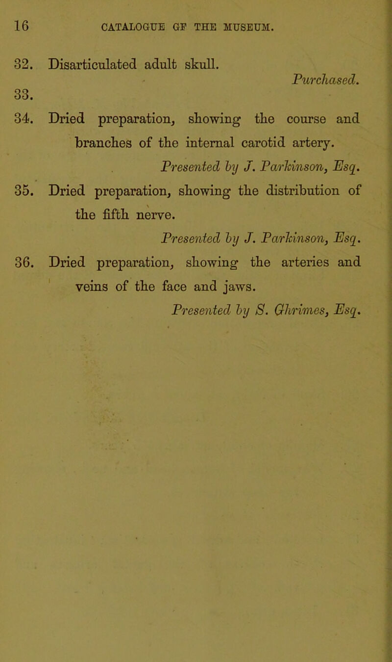 32. 33. 34. 35. 36. Disarticulated adult skull. Purchased. Dried preparation, showing the course and branches of the internal carotid artery. Presented by J. Parkinson, Esq. Dried preparation, showing the distribution of \ the fifth nerve. Presented by J. Parkinson, Esq. Dried preparation, showing the arteries and veins of the face and jaws.
