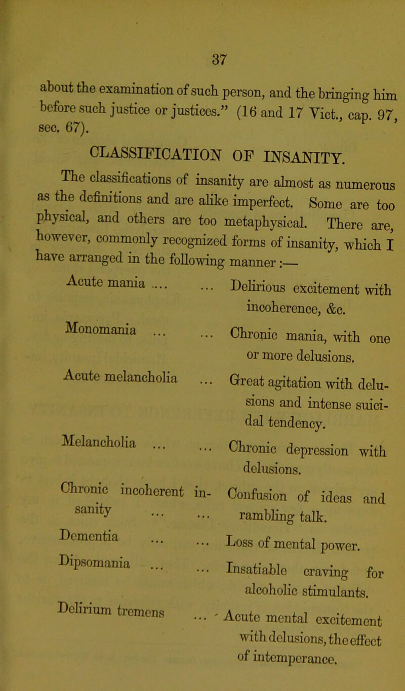 about the examination of sucb person, and the bringing him before such justice or justices.” (16 and 17 Viet., cap 97 sec. 67). ’ CLASSIFICATION OF INSANITY. The classifications of insanity are almost as numerous as the definitions and are alike imperfect. Some are too physical, and others are too metaphysical. There are, however, commonly recognized forms of insanity, which I have arranged in the following manner:— ... Delirious excitement with incoherence, &c. ... Chronic mania, with one or more delusions. • • • Great agitation with delu- sions and intense suici- dal tendency. ... Chronic depression with delusions. in- Confusion of ideas and rambling talk. • • • Loss of mental power. Insatiable craving for alcoholic stimulants. ... ' Acute mental excitement with delusions, the effect of intemperance. Acute mania .... Monomania ... Acute melancholia Melancholia ... Chronic incoherent sanity Dementia Dipsomania Delirium tremens