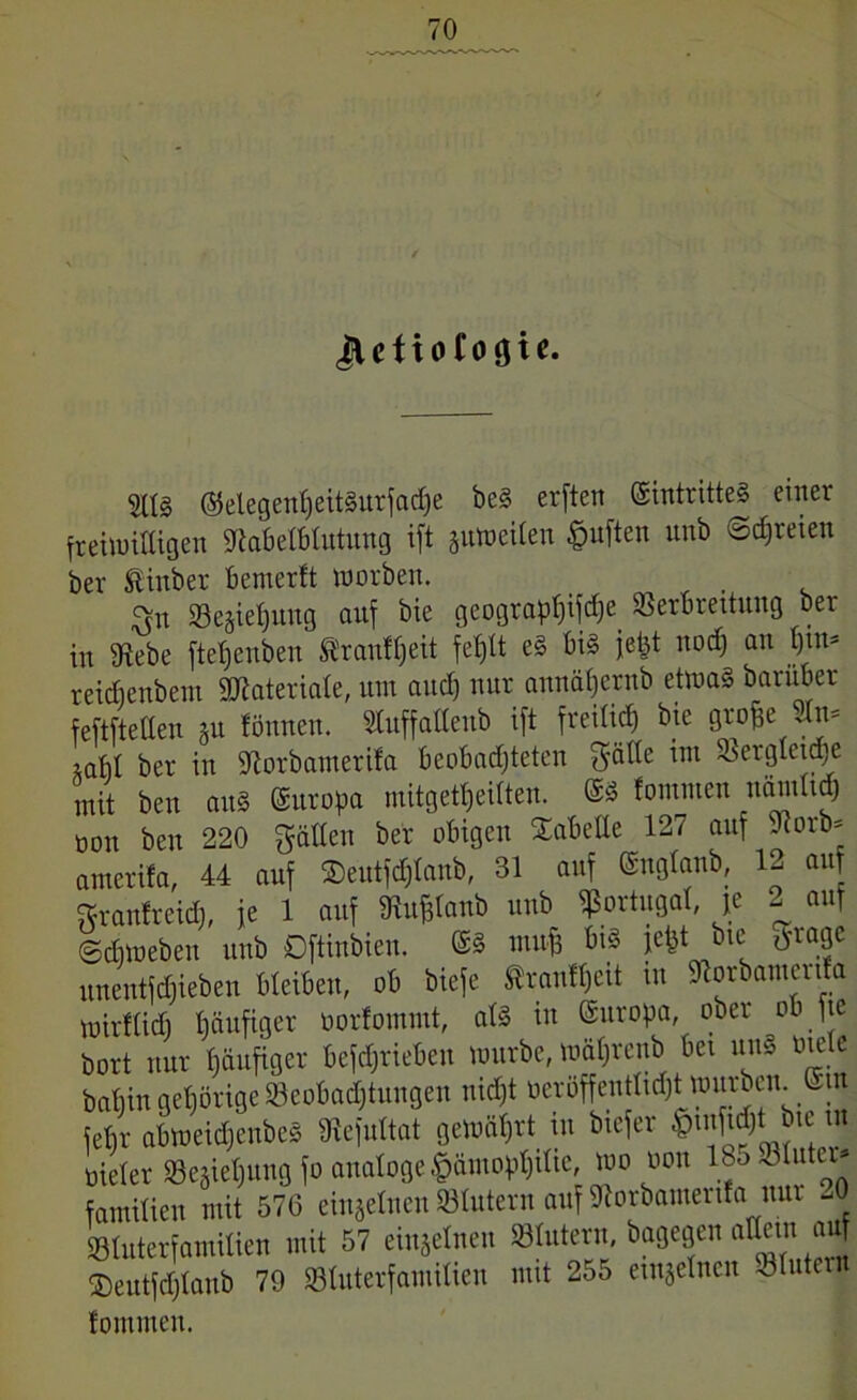 JlcfioCoöie. ©elegettffeitSurfadje beS erftcn Eintrittes einer freiwilligen Skbelblutung ift juweilen §uften unb ©freien ber föinber 6enter!t worben. 5>n «ejieljititg auf bie gcograpf)ifd)e. Verbreitung bet in SRebe ftefjeuben ft'ranfljeit febjtt eS bis jefet nodfj an l)tn* reidienbent 2Rateriale, um aud) nur annäffernb etwas baruber feftfteden gu fönneu. Sluffadenb ift freitid) bie grofje au- rnbl ber iu üRorbanterifa beobachteten $äde int Vergleiche mit ben attS Europa mitgetpeitteu. ES fommen namltcf) ooit beu 220 gälten ber obigen Xabede 127 auf 9iorb* amerifa, 44 auf 2)eutfdjlanb, 31 auf Englaub, 12 auf granfreid), je 1 auf SRufclanb uub Portugal, je 2 auf ©diweben unb Oftinbien. ES muff bis jefct bte pftagc uuentfdßieben bleiben, ob biefe trnull)eit iu diorbamertfa Wirflicfi häufiger üorfommt, als in Europa, ober ob ftc Port nur häufiger betrieben würbe, wäljrenb bet uns ötele babin gehörige »eobadjtungen nicht oeröffentltdft würben. Ein feljr abweidjenbeS Sftefultat gewährt in btefer $mftdjtue itn üieler Beziehung fo analoge pmoplfilte, wo oon 18o Slutei* fantilien mit 576 einzelnen »lutem auf «Rorbamertfa nur -0 »luterfamilien mit 57 einzelnen «Intern, bagegen allem auf ©eutfdjlanb 79 »luterfamilieu mit 255 eutjelnen «lute fommen.