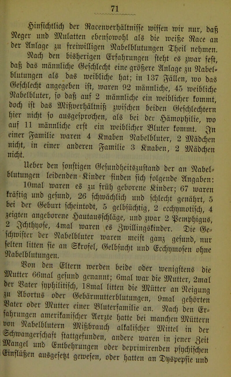 |jinfi(f)tlicf) ber Kacenberljältniffe miffen mir nur, bah Sieger intb SKulatten ebenfotnof)! all bie meifje Sace an ber Einlage ju freimittigen Sabelblutungen Zfcit neunten. 9?ac^ ben bisherigen Erfahrungen fteht es $tvar feft, ba§ baS männli^e ©efchlecht eine größere Anlage 31t Sabel* Blutungen als baS meiblidfje hot; in 137 gälten, mo baS ®efdiled)t angegeben ift, maren 92 männliche, 45 meiblidje Sabelbluter, fo bah auf 2 männliche ein meiblidjer fommt, hoch ift baS «Kihberhältnih gmifchen beiben (55efd;ledl;tern hter nicht fo auSgefprochen, als bei ber ^ämopfjilie, mo auf 11 männliche erft ein meiblicher Sinter fommt. 5Yn einer Familie maren 4 Knaben Sabelbluter, 2 Stäbchen nicljt, in einer anberen Familie 3 Knaben, 2 «Käbd&en nicht. ’ lieber ben fonftigen ©efunbljeitSpftanb ber an Sabel* Blutungen leibenben ßinber finben fidj folgenbe Eingaben: lOmal toaren es 31t früh geborene Äinber; 67 maren fräftig unb gefunb, 26 fdf;mäd;Iid; unb fdjledjt genährt, 5 bei ber ©eburt fcheintobt, 5 gelbfüditig, 2 eccfomotifÄ, 4 aeigmn angeborene £autauSfchläge, unb jmar 2 Pemphigus, .7 ^thhofe, 4mal maren eS gmillingSfinber. ®ie ©e* tdjmtfter ber Sabelbluter maren meift ganj gefunb, nur Sabelblidungen^ ®c(6'urfjt unb ®cd)hmofeu ohne »on ben Eltern merben beibe ober menigftenS bie JKutter66maf gefunb genannt; 6mal mar bie «Kutter, 2mal ber Seiter fpphtlttiftfj, 18mal litten bie «Kötter an Seiqunq 91 * St60JtU3cm0ber ®e6ärmutterblutungen, 9mal qehörten Sater ober «Kutter einer Sluterfamilie an. Sad; ben Er* fahrungen amerifamfdjer Siebte hotte bei manchen «Köttern oon Sabelblutern «Kihbrauch alfalifcher «Kittel in ber jjchmangerf^aft ftattgefunben, anbere maren in jener Reit ange mu Entbehrungen ober beprimirenben pfudiifdien ©tnfluhen auSgefe|t gemefen, ober hatten an $pspepfieunb