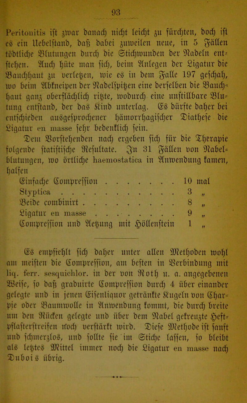 Peritonitis ift jtoar baitacf; nidjt Icidjt 51t fürchten, bocf; ifl e§ ein Uebelftanb, bafs babei gumeilen neue, in 5 gatten töbtlidje ^Blutungen bnrcf) bie ©tidpounben ber sJ?abeln ent-- ftef;en. 9Iud) fjiite man fidj, beim Slnlegen ber Sigatur bie iöandjijant 511 neideten, mie e§ in bem gatte 197 gefdjal), wo beim Slbfneipen ber ^abelfpi^en eine berfelben bie 93and)- baut gans oberflädjlid) ritzte, woburdj eilte itnftittbare ©tu- tung entftanb, ber ba§ Äinb unterlag. K§ bitrfte baber bei eutfdjieben ausgefprocbetier böntorrbagifd^er SDiatfjefe bie Sigatnr en masse fefjr bebenflid; fein. SDent Sßorftebenben nad; ergeben fid) für bie Sberapie folgeube ftatiftifdje fRefidtate. gn 31 gatten oon üftabel* btutuugen, mo örtlidje haemostatica in Slntoenbung famen, halfen Kinfadje Kompreffion 10 mal Styptica 3 „ 33eibe combinirt 8 „ Sigatur en masse 9 „ Kompreffion unb ületjuug mit §ötteuftein 1 „ K§ empfiehlt ficb baber unter allen 9J?etboben ttJof;! am meifteu bie Kompreffion, am beften in Serbinbung mit liq. ferr. sesquichlor. in ber tioit Stotfj u. a. angegebenen Söeife, fo bafj grabuirte Kompreffion bnrcf) 4 über einanber gelegte unb in jenen Kifenliquor getränfte Äugeln Oon Kl)ar= pie ober ^Baumwolle in Vlnmcnbung fontmt, bie burdj breite um ben tttittfen gelegte unb über bem iftabel getreuste A^eft= pflafterftreifen it'od) oerftärft wirb. 2)iefe 9D?etf;obe ift fanft unb fd)merjlo§, unb füllte fie im ©tidje laffeu, fo bleibt al§ lebtet Mittel immer nod; bie Sigatur en masse nach 2)uboi§ übrig.