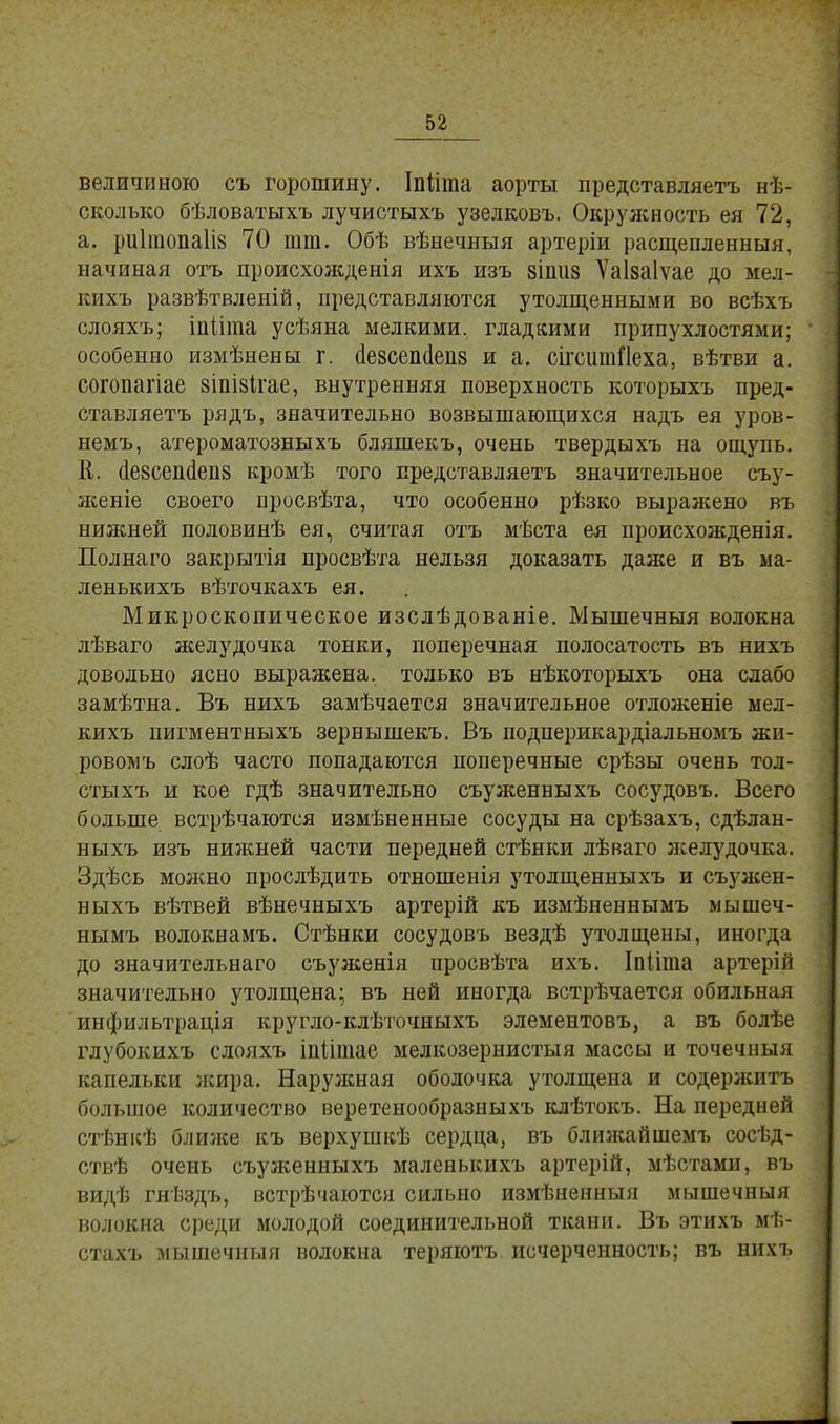 величиною съ горошину. Іпііша аорты представляетъ нѣ- сколько бѣловатыхъ лучистыхъ узелковъ. Окружность ея 72, а. риігаопаііз 70 тт. Обѣ вѣнечныя артеріи расщепленный, начиная отъ происхожденія ихъ изъ зіпиз Ѵаізаіѵае до мел- кихъ развѣтвленій, представляются утолщенными во всѣхъ слояхъ; іпііта усѣяна мелкими, гладкими припухлостями; особенно измѣнены г. иезсепсіеііз и а. сігсшпПеха, вѣтви а. согопагіае зіпізігае, внутренняя поверхность которыхъ пред- ставляетъ рядъ, значительно возвышающихся надъ ея уров- немъ, атероматозныхъ бляшекъ, очень твердыхъ на ощупь. В. (Іе8сеп(1еп8 кромѣ того представляетъ значительное съу- женіе своего просвѣта, что особенно рѣзко выражено въ нижней половинѣ ея, считая отъ мѣста ея происхожденія. Полнаго закрытія просвѣта нельзя доказать даже и въ ма- ленькихъ вѣточкахъ ея. Микроскопическое изслѣдованіе. Мышечныя волокна лѣваго желудочка тонки, поперечная полосатость въ нихъ довольно ясно выражена, только въ нѣкоторыхъ она слабо замѣтна. Въ нихъ замѣчается значительное отложеніе мел- кихъ пигментныхъ зернышекъ. Въ подперикардіальномъ жи- ровомъ слоѣ часто попадаются поперечные срѣзы очень тол- сты хъ и кое гдѣ значительно съуженныхъ сосудовъ. Всего больше встрѣчаются измѣненные сосуды на срѣзахъ, сдѣлан- ныхъ изъ нижней части передней стѣнки лѣваго желудочка. Здѣсь можно прослѣдить отношенія утолщенныхъ и съужен- ныхъ вѣтвей вѣнечныхъ артерій къ измѣненнымъ мышеч- нымъ волокнамъ. Стѣнки сосудовъ вездѣ утолщены, иногда до значительнаго съуженія просвѣта ихъ. Іпііта артерій значительно утолщена; въ ней иногда встрѣчается обильная инфильтрація кругло-клѣточныхъ элементовъ, а въ болѣе глубокихъ слояхъ іпіітае мелкозернистыя массы и точечныя капельки жира. Наружная ободочка утолщена и содержитъ большое количество веретенообразныхъ клѣтокъ. На передней стѣнкѣ ближе къ верхушкѣ сердца, въ ближайшемъ сосѣд- ствѣ очень съуженныхъ маленькихъ артерій, мѣстами, въ видѣ гнѣздъ, встрѣчаются сильно измѣненныя мышечныя волокна среди молодой соединительной ткани. Въ этихъ мѣ- стахъ мышечныя волокна теряютъ исчерченность; въ нихъ