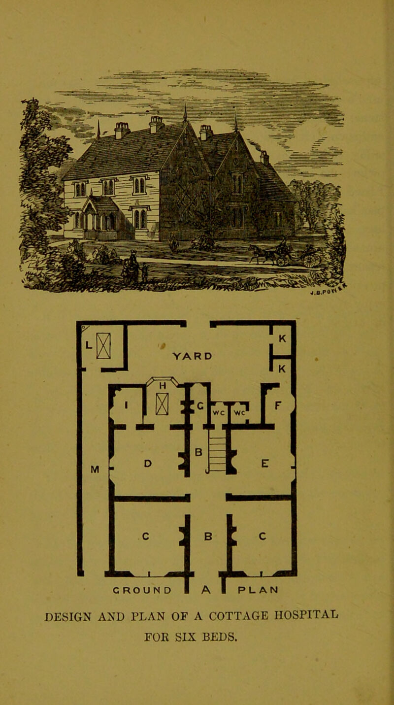 I YARD H ^ 1 XI ■ 9 C « T'’] Al « wc I wc- fj MB Mi 1 i i ■■U ■ B i D * l a e GROUND PLAN DESIGN AND PLAN OF A COTTAGE HOSPITAL FOE SIX BEDS.