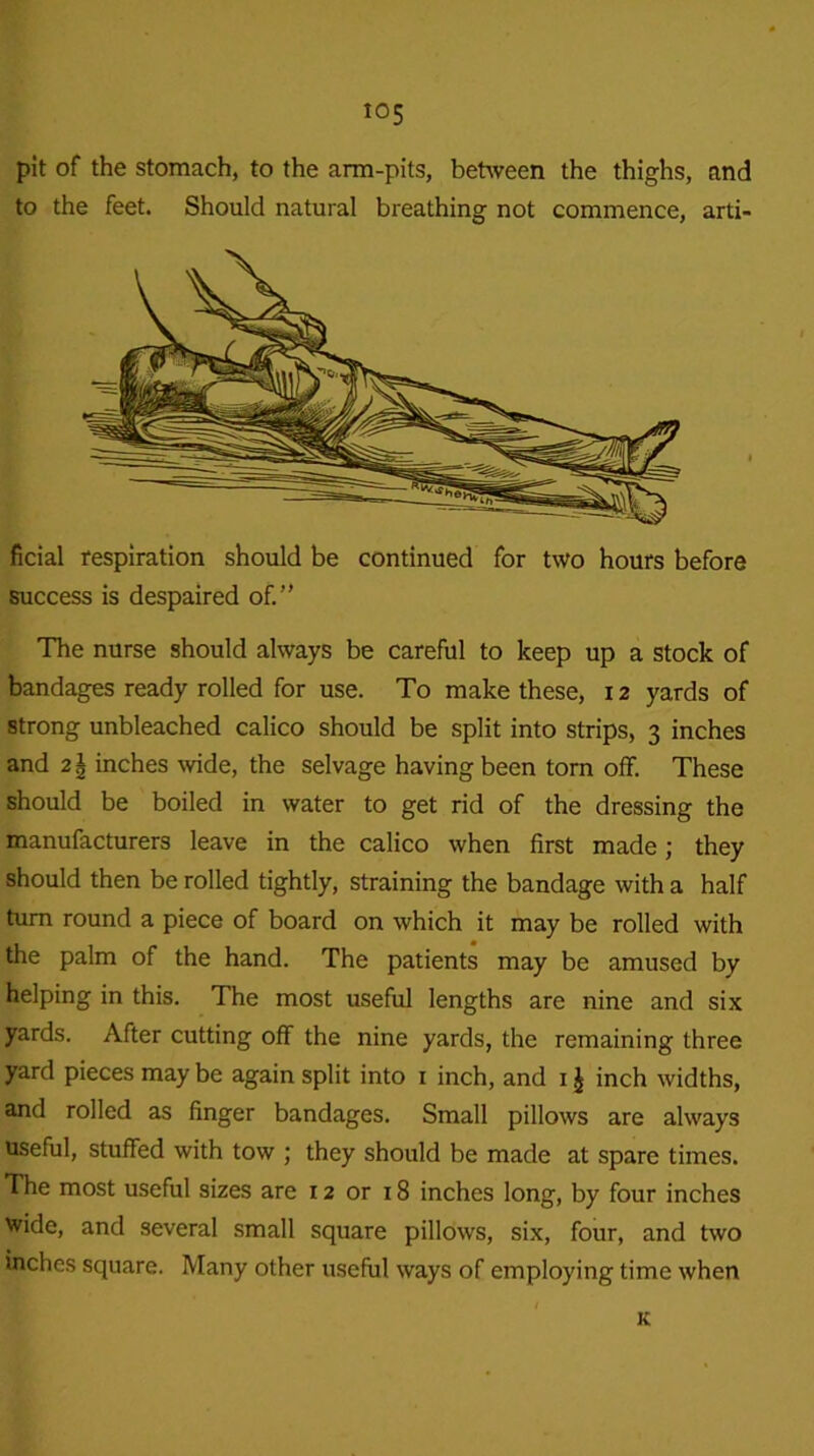 pit of the stomach, to the arm-pits, between the thighs, and to the feet. Should natural breathing not commence, arti- ficial respiration should be continued for two hours before success is despaired of.” The nurse should always be careful to keep up a stock of bandages ready rolled for use. To make these, 12 yards of strong unbleached calico should be split into strips, 3 inches and 2\ inches wide, the selvage having been torn off. These should be boiled in water to get rid of the dressing the manufacturers leave in the calico when first made; they should then be rolled tightly, straining the bandage with a half turn round a piece of board on which it may be rolled with the palm of the hand. The patients may be amused by helping in this. The most useful lengths are nine and six yards. After cutting off the nine yards, the remaining three yard pieces may be again split into 1 inch, and 1J inch widths, and rolled as finger bandages. Small pillows are always useful, stuffed with tow ; they should be made at spare times. The most useful sizes are 12 or 18 inches long, by four inches wide, and several small square pillows, six, four, and two inches square. Many other useful ways of employing time when K