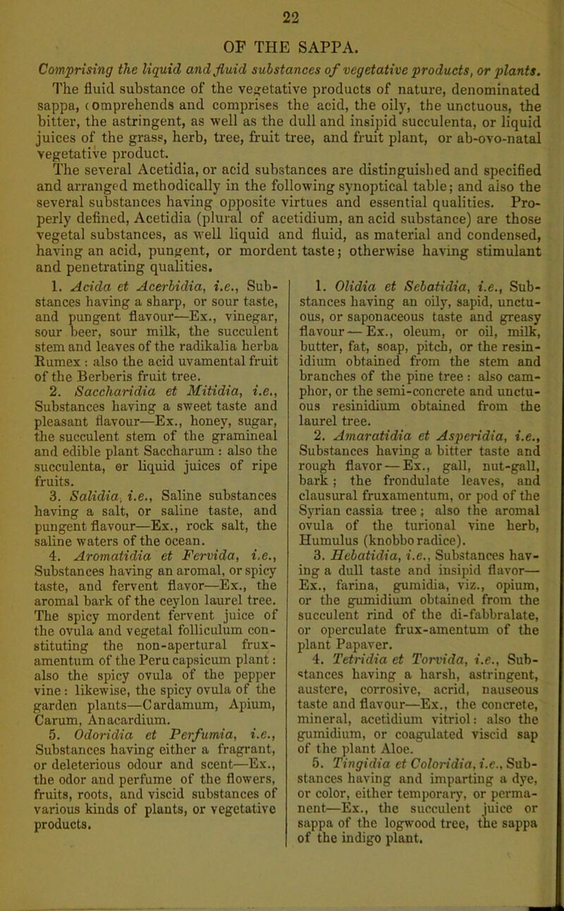 OF THE SAPPA. Comprising the liquid and fluid substances of vegetative products, or plants. The fluid substance of the vegetative products of nature, denominated sappa, comprehends and comprises the acid, the oily, the unctuous, the bitter, the astringent, as well as the dull and insipid succulenta, or liquid juices of the grass, herb, tree, fruit tree, and fruit plant, or ab-ovo-natal vegetative product. The several Acetidia, or acid substances are distinguished and specified and arranged methodically in the following synoptical table; and also the several substances having opposite virtues and essential qualities. Pro- perly defined, Acetidia (plural of acetidium, an acid substance) are those vegetal substances, as well liquid and fluid, as material and condensed, having an acid, pungent, or mordent taste; otherwise having stimulant and penetrating qualities. 1. Adda et Acerbidia, i.e., Sub- stances having a sharp, or sour taste, and pungent flavour—Ex., vinegar, sour beer, sour milk, the succulent stem and leaves of the radikalia herba Rumex : also the acid uvamental fruit of the Berberis fruit tree. 2. Saccharidia et Mitidia, i.e., Substances having a sweet taste and pleasant flavour—Ex., honey, sugar, the succulent stem of the gramineal and edible plant Saccharum : also the succulenta, or liquid juices of ripe fruits. 3. Salulia, i.e., Saline substances having a salt, or saline taste, and pungent flavour—Ex., rock salt, the saline waters of the ocean. 4. Aromatidia et Fervida, i.e., Substances having an aromal, or spicy taste, and fervent flavor—Ex., the aromal bark of the ceylon laurel tree. The spicy mordent fervent juice of the ovula and vegetal folliculum con- stituting the non-apertural frux- amentum of the Peru capsicum plant: also the spicy ovula of the pepper vine: likewise, the spicy ovula of the garden plants—Cardamum, Apium, Carum, Anacardium. 5. Odoridia et Perfumia, i.e., Substances having either a fragrant, or deleterious odour and scent—Ex., the odor and perfume of the flowers, fruits, roots, and viscid substances of various kinds of plants, or vegetative products. 1. Olidia et Sebatidia, i.e., Sub- stances having an oily, sapid, unctu- ous, or saponaceous taste and greasy flavour—Ex., oleum, or oil, milk, butter, fat, soap, pitch, or the resin- idium obtained from the stem and branches of the pine tree : also cam- phor, or the semi-concrete and unctu- ous resinidium obtained from the laurel tree. 2. Amaratidia et Asperidia, i.e.. Substances having a bitter taste and rough flavor — Ex., gall, nut-gall, bark; the frondulate leaves, and clausural fruxamentum, or pod of the Syrian cassia tree; also the aromal ovula of the turional vine herb, Humulus (knobboradice). 3. Hcbatidia, i.e., Substances hav- ing a dull taste and insipid flavor— Ex., farina, gumidia, viz., opium, or the gumidium obtained from the succulent rind of the di-fabbralate, or operculate frux-amentum of the plant Papaver. 4. Tetndia et Torvida, i.e., Sub- stances having a harsh, astringent, austere, corrosive, acrid, nauseous taste and flavour—Ex., the concrete, mineral, acetidium vitriol: also the gumidium, or coagulated viscid sap of the plant Aloe. 5. Tingidia et Coloridia, i.e.. Sub- stances having and imparting a dye, or color, either temporary, or perma- nent—Ex., the succulent juice or sappa of the logwood tree, the sappa of the indigo plant.