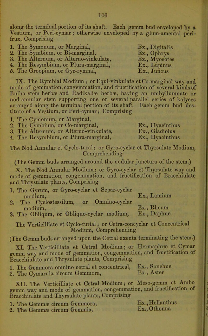 along the terminal portion of its shaft. Each gemm bud enveloped by a Vestium, or Peri-cymar; otherwise enveloped by a glum-amental peri- frux, Comprising 1. The Symonum, or Marginal, Ex., Digitalis 2. The Symbium, or Bi-marginal, Ex., Ophrys 3. The Alternum, or Alterno-vinkulate, Ex., Myosotes 4. The Resymbium, or Plura-marginal, Ex., Lupinus 5. The Groopium, or Gyr-rymnal, Ex., Juncus IX. The Rymbial Modium ; or Equi-vinkulate et Co-marginal way and mode of gemmation, congemmation, and fructification of several kinds of Bulbo-stem herbae and Radikaliae herb®, having an umbyllumnate or nod-annular stem supporting one or several parallel series of kalyces arranged along the terminal portion of its shaft. Each gemm bud des- titute of a Vestium, or Peri-cymar; Comprising 1. The Cymonum, or Marginal, 2. The Cymbium, or Co-marginal, Ex., Hyacinthus 3. The Alternum, or Alterno-vinkulate, Ex., Gladiolus 4. The Resymbium, or Plura-marginal, Ex., Hyacinthus The Nod Annular et Cyclo-tural; or Gyro-cyclar et Thyrsulate Modium, Comprehending (The Gemm buds arranged around the nodular junctura of the stem.) X. The Nod Annular Modium; or Gyro-cyclar et Thyrsulate way and mode of gemmation, congemmation, and fructification of Bracchiulate and Thrysulate plants, Comprising 1. The Gyrum, or Gyro-cyclar et Separ-cyclar modium, Ex., Lamium 2. The Cyclostessilum, or Omnino-cyclar modium, Ex., Rheum 3. The Obliqum, or Obliquo-cyclar modium, Ex., Daphne The Verticilliate et Cyclo-turial; or Cetra-concyclar et Concentrical Modium, Comprehending (The Gemm buds arranged upon the Cetral axenta terminating the stem.) XI. The Verticilliate et Cetral Modium; or Hermaphrre et Cymar gemm way and mode of gemmation, congemmation, and fructification of Bracchiulate and Thrysulate plants, Comprising 1. The Gemmora omnino cetral et concentrical, Ex., Sonchus 2. The Cymarula circum Gemmora, Ex., Aster XII. The Verticilliate et Cetral Modium; or Meso-gemm et Ambo gemm way and mode of gemmation, congemmation, and fructification of Bracchiulate and Thyrsulate plants, Comprising 1. The Gemmae circum Gemmora, Ex.,IIelianthus 2. The Gemmae circum Gemmia, Ex., Othonna