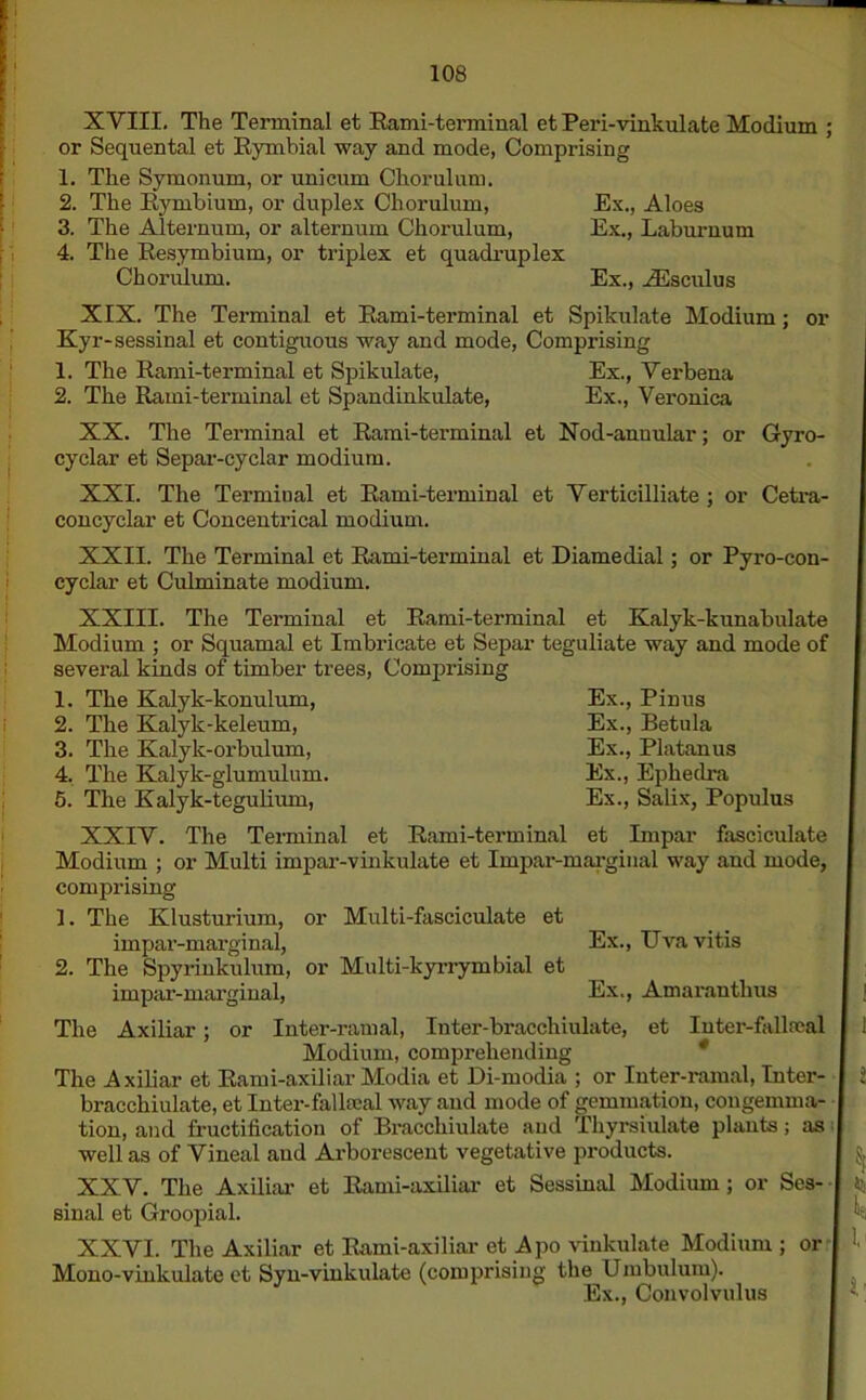 108 XVIII. The Terminal et Kami-terminal et Peri-vinkulate Modium ; or Sequental et Rymbial way and mode, Comprising 1. The Symonum, or unicum Chorulnm. 2. The Rymbium, or duplex Chorulum, Ex., Aloes 3. The Alternum, or alternum Chorulum, Ex., Laburnum 4. The Resymbium, or triplex et quadruplex Chorulum. Ex., iEsculus XIX. The Terminal et Rami-terminal et Spikulate Modium; or Kyr-sessinal et contiguous way and mode, Comprising 1. The Rami-terminal et Spikulate, Ex., Verbena 2. The Rami-terminal et Spandinkulate, Ex., Veronica XX. The Terminal et Rami-terminal et Nod-annular; or Gyro- cyclar et Separ-cyclar modium. XXI. The Terminal et Rami-terminal et Verticilliate ; or Cetra- concyclar et Concentrical modium. XXII. The Terminal et Rami-terminal et Diamedial; or Pyro-con- cyclar et Culminate modium. XXIII. The Terminal et Rami-terminal et Kalyk-kunabulate Modium ; or Squamal et Imbricate et Separ teguliate way and mode of several kinds of timber trees, Comprising 1. The Kalyk-konulum, Ex., Pinus 2. The Kalyk-keleum, Ex., Betula 3. The Kalyk-orbulum, Ex., Platanus 4. The Ka 1 yk-g 1 urnu 1 um. Ex., Ephedra 5. The Kalyk-teguliimi, Ex., Salix, Populus XXIV. The Terminal et Rami-terminal et Impar fasciculate Modium ; or Multi impar-vinkulate et Impar-marginal way and mode, comprising 1. The Klusturium, or Multi-fasciculate et impar-marginal, Ex., Uvavitis 2. The Spyrinkulum, or Multi-kyrrymbial et impar-marginal, Ex., Amarantlius The Axiliar; or Inter-ramal, Inter-bracchiulate, et Inter-fallrcal Modium, comprehending The Axiliar et Rami-axiliar Modia et Di-modia ; or Inter-ramal, Inter- bracchiulate, et Inter-fallfeal way and mode of gemmation, congemma- tion, and fructification of Bracchiulate and Thyrsiulate plants; as | well as of Vineal and Arborescent vegetative products. XXV. The Axiliar et Rami-axiliar et Sessinal Modium; or Ses- | sinal et Groopial. XXVI. The Axiliar et Rami-axiliar et Apo vinkulate Modium ; or Mono-vinkulate et Syn-vinkulate (comprising the Umbulum). Ex., Convolvulus r% & -45°