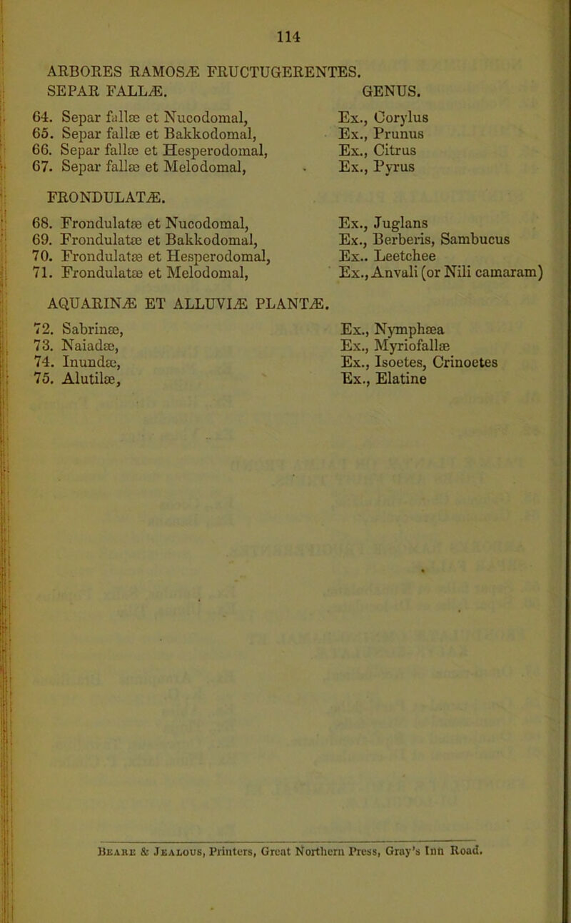 ARBORES RAMOSvE FRUCTUGERENTES. SEPAR FALLrE. GENUS. 64. Separ fallse et Nucodomal, 65. Separ fallse et Bakkodomal, 66. Separ fallse et Hesperodomal, 67. Separ fallse et Melodomal, Ex., Oorylus Ex., Prunus Ex., Citrus Ex., Pvrus • « FRONDULATSE. 68. Frondulatae et Nucodomal, 69. Frondulatse et Bakkodomal, 7 0. Frondulatse et Hesperodomal, 71. Frondulatse et Melodomal, Ex., Juglans Ex., Berberis, Sambucus Ex.. Leetchee Ex., Anvali (or Nili camaram) AQUARINrE ET ALLUVIA PLANT/E. 72. Sabrinse, 73. Naiadse, 74. Inundse, 75. Alutilse, Ex., Nymphsea Ex., Myriofallse Ex., Isoetes, Crinoetes Ex., Elatine i Beake & Jealous, Printers, Great Northern Press, Gray’s tnn Road.