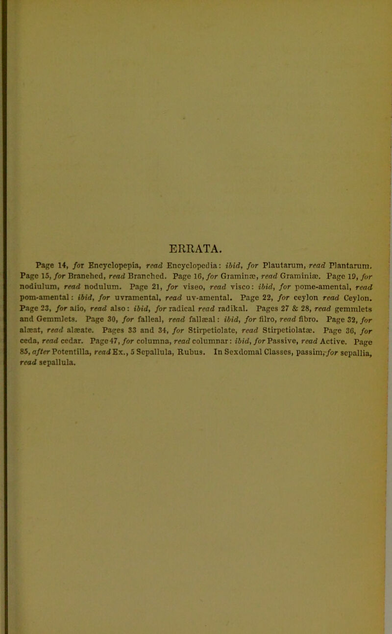 ERRATA. Page 14, for Encyclopepia, read Encyclopedia: ibid, for Plautarum, read Plantarum. Page 15, for Branched, read Branched. Page 16, for Graminre, rend Graminim. Page 15, for nodiulum, read nodulum. Page 21, for viseo, read visco: ibid, for pome-amental, read pom-amental: ibid, for uvramental, read uv-amental. Page 22, for ceylon read Ceylon. Page 23, for alio, read also: ibid, for radical read radikal. Pages 27 & 28, read gemmlets and Gemmlets. Page 30, for falleal, read fallatal: ibid, for filro, rend fibro. Page 32, for alaeat, read alaeate. Pages 33 and 34, for Stirpetiolate, read Stirpetiolata. Page 36, for ceda, read cedar. Page 47, for columna, read columnar: ibid, for Passive, read Active. Page 85, after Potentilla, rcadEx., 5 Sepallula, Rubus. In Sexdomal Classes, passim, for sepallia, read sepallula.