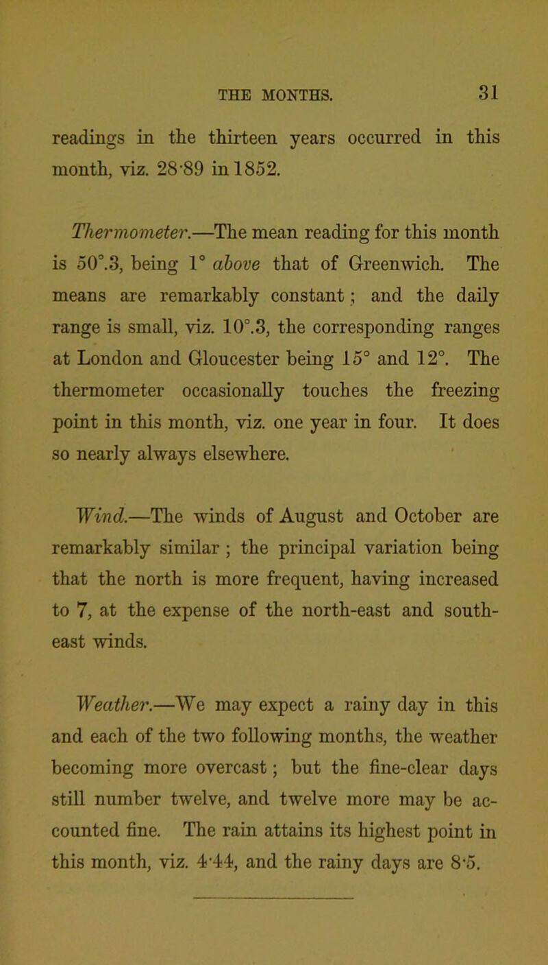 readings in the thirteen years occurred in this month, viz. 28-89 in 1852. Thermometer.—The mean reading for this month is 50°.3, being 1° above that of Greenwich. The means are remarkably constant; and the daily range is small, viz. 10°. 3, the corresponding ranges at London and Gloucester being 15° and 12°. The thermometer occasionally touches the freezing point in this month, viz. one year in four. It does so nearly always elsewhere. Wind.—The winds of August and October are remarkably similar ; the principal variation being that the north is more frequent, having increased to 7, at the expense of the north-east and south- east winds. Weather.—We may expect a rainy day in this and each of the two following months, the weather becoming more overcast; but the fine-clear days still number twelve, and twelve more may be ac- counted fine. The rain attains its highest point in this month, viz. 4-44, and the rainy days are 8'5.