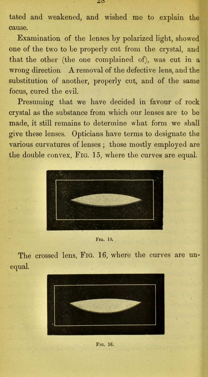 tated and weakened, and wished me to explain the cause. Examination of the lenses by polarized light, showed one of the two to he properly cut from the crystal, and that the other (the one complained of), was cut in a wrong direction A removal of the defective lens, and the substitution of another, properly cut, and of the same focus, cured the evil. Presuming that we have decided in favour of rock crystal as the substance from which our lenses are to be made, it still remains to determine what form we shall give these lenses. Opticians have terms to designate the various curvatures of lenses ; those mostly employed are the double convex, Fig. 15, where the curves are equal. Fig. 15. The crossed lens, Fig. 16, where the curves are un- equal. Fig. 16.