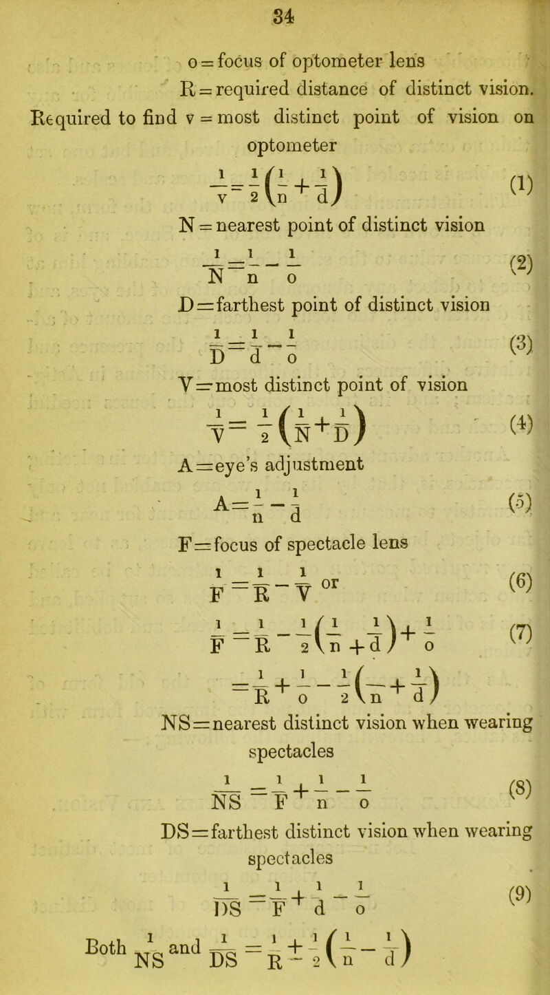 o = focus of optometer lens R = required distance of distinct vision. Required to find v = most distinct point of vision on optometer -HGU) N = nearest point of distinct vision 1 _l 1 N n o D=farthest point of distinct vision 1 _ 1 1 D~d~o V —most distinct point of vision V 2\N^D/ A=eye’s adjustment A==i“d n d F=focus of spectacle lens ill F -R” V °r i-i_j.fi. 4U- F R 2 V n -f d / o NS=nearest distinct vision when wearing spectacles (8) (1) (2) >1 (3) W (5) (6) (7) — “I -f — — — NS F n o DS=farthest distinct vision when wearing spectacles J__ -1+ 1 _1 I)S-F^d o Both * ant^ We = i ~ NS DS R - 2 V n d / (9)