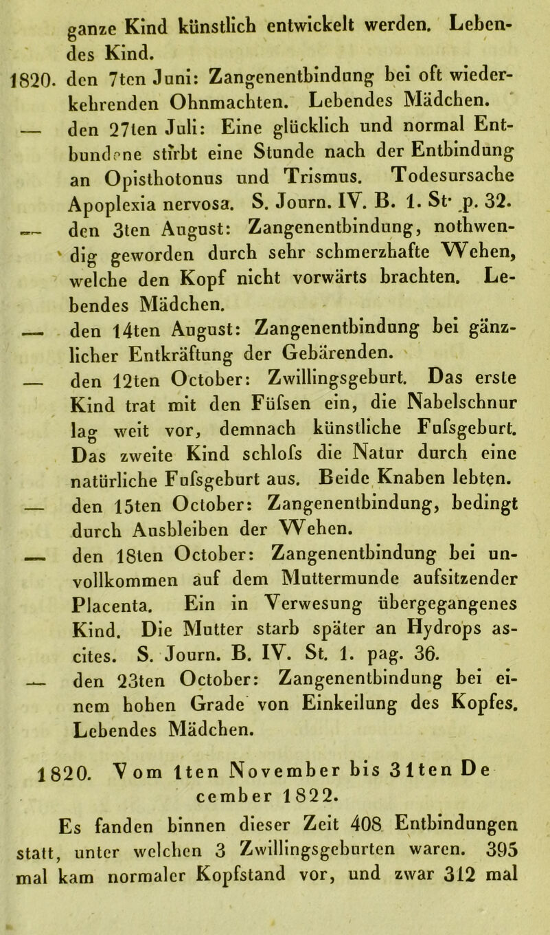 ganze Kind künstlich entwickelt werden. Leben- des Kind. 1820. den 7ten Juni: Zangenentbindung bei oft wieder- kehrenden Ohnmächten. Lebendes Mädchen. den 27len Juli: Eine glücklich und normal Ent- bundene stirbt eine Stunde nach der Entbindung an Opisthotonus und Trismus. Todesursache Apoplexia nervosa. S. Journ. IV. B. 1. St* p. 32. — den 3ten August: Zangenentbindung, nothwen- ' dig geworden durch sehr schmerzhafte Wehen, welche den Kopf nicht vorwärts brachten. Le- bendes Mädchen. den l4ten August: Zangenentbindung hei gänz- licher Entkräftung der Gebärenden. — den 12ten October: Zwillingsgeburt. Das erste Kind trat mit den Füfsen ein, die Nabelschnur lag weit vor, demnach künstliche Fufsgeburt. Das zweite Kind schlofs die Natur durch eine natürliche Fufsgeburt aus. Beide Knaben lebten. — den 15ten October: Zangenentbindung, bedingt durch Ausbleiben der Wehen. den 18ten October: Zangenentbindung bei un- vollkommen auf dem Muttermunde aufsitzender Placenta. Ein in Verwesung übergegangenes Kind. Die Mutter starb später an Hydrops as- cites. S. Journ. B. IV. St. 1. pag. 36. — den 23ten October: Zangenentbindung bei ei- nem hohen Grade von Einkeilung des Kopfes. Lebendes Mädchen. 1820. Vom lten November bis 31ten De cember 1 822. Es fanden binnen dieser Zeit 408 Entbindungen statt, unter welchen 3 Zwillingsgeburten waren. 395 mal kam normaler Kopfstand vor, und zwar 312 mal