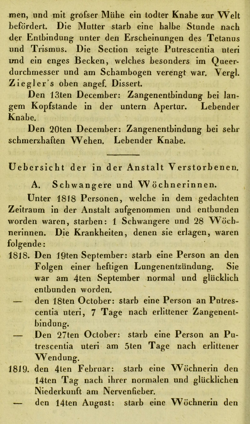 men, und mit grofser Mühe ein todter Knabe zur Welt befördert. Die Mutter starb eine halbe Stunde nach der Entbindung unter den Erscheinungen des Tetanus und Trismus. Die Section zeigte Putrescentia uteri imd ein enges Becken, welches besonders im Queer- durchmesser und am Scbambogen verengt war. Yergl. Ziegler’s oben angef. Dissert. Den 13ten December: Zangenentbindung bei lan- gem Kopfslande in der untern Apertur. Lebender Knabe. Den 20ten December: Zangenentbindung bei sehr schmerzhaften Wehen. Lebender Knabe. Uebersicbt der in der Anstalt Verstorbenen. A. Schwangere und Wöchnerinnen. Unter 1818 Personen, welche in dem gedachten Zeitraum in der Anstalt aufgenommen und entbunden worden waren, starben: 1 Schwangere und 28 Wöch- nerinnen. Die Krankheiten, denen sie erlagen, waren folgende: 1818. Den löten September: starb eine Person an den Folgen einer heftigen Lungenentzündung. Sie war am 4ten September normal und glücklich entbunden worden. — den 18ten October: starb eine Person an Putres- centia uteri, 7 Tage nach erlittener Zangenent- bindung. — Den 27ten October: starb eine Person an Pu- trescentia uteri am 5ten Tage nach erlittener Wendung. 1819. den 4len Februar: starb eine Wöchnerin den 14tcn Tag nach ihrer normalen und glücklichen Niederkunft am Nervenfieber. — den I4ten August: starb eine Wöchnerin den
