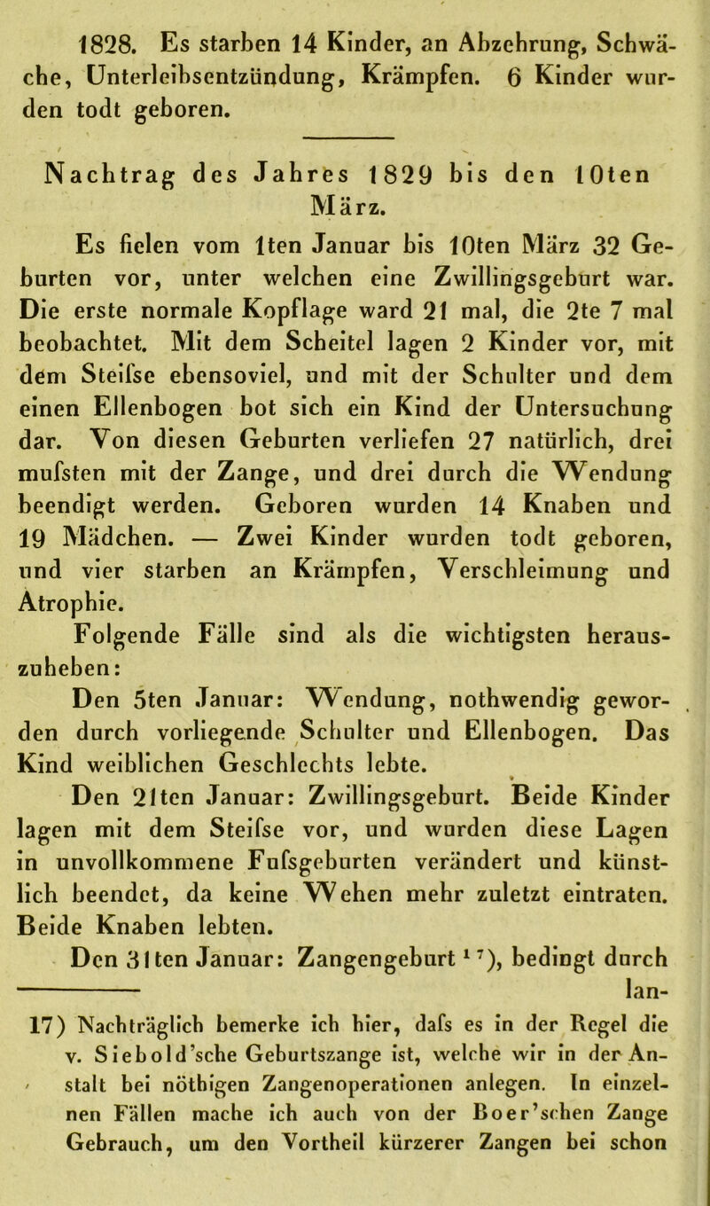 1828. Es starben 14 Kinder, an Abzehrung, Schwä- che, Unterleihsentzündung, Krämpfen. 6 Kinder wur- den todt geboren. Nachtrag des Jahres 1829 bis den lOten März. Es fielen vom lten Januar bis lOten März 32 Ge- hurten vor, unter welchen eine Zwillingsgeburt war. Die erste normale Kopflage ward 21 mal, die 2te 7 mal beobachtet. Mit dem Scheitel lagen 2 Kinder vor, mit dem Steifse ebensoviel, und mit der Schulter und dem einen Ellenbogen bot sich ein Kind der Untersuchung dar. Von diesen Geburten verliefen 27 natürlich, drei mufsten mit der Zange, und drei durch die Wendung beendigt werden. Geboren wurden 14 Knaben und 19 Mädchen. — Zwei Kinder wurden todt geboren, und vier starben an Krämpfen, Verschleimung und Atrophie. Folgende Fälle sind als die wichtigsten heraus- zuheben: Den 5ten Januar: Wendung, nothwendig gewor- den durch vorliegende Schulter und Ellenbogen. Das Kind weiblichen Geschlechts lebte. ♦ Den 2lten Januar: Zwillingsgeburt. Beide Kinder lagen mit dem Steifse vor, und wurden diese Lagen in unvollkommene Fufsgeburten verändert und künst- lich beendet, da keine Wehen mehr zuletzt eintraten. Beide Knaben lebten. Den 31 ten Januar: Zangengeburt17), bedingt durch lan- 17) Nachträglich bemerke ich hier, dafs es in der Regel die v. Siebold’sche Geburtszange ist, welche wir in der An- / stalt bei nöthigen Zangenoperationen anlegen. In einzel- nen Fällen mache ich auch von der Boer’schen Zange Gebrauch, um den Vortheil kürzerer Zangen bei schon