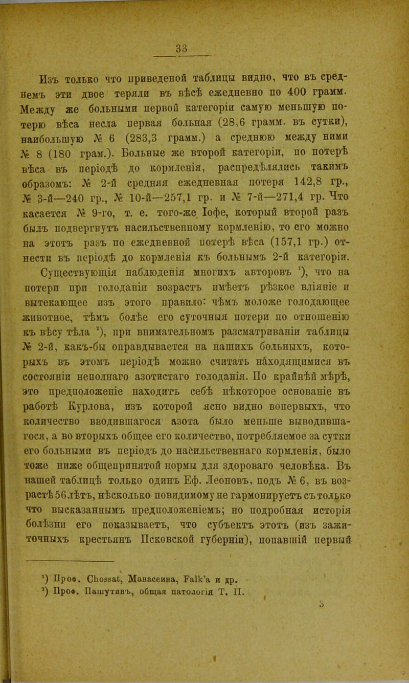 Изъ только что ириведеной таблицы видно, что въ сред- немъ эти двое теряли въ вѣсѣ ежедневно по 400 грамм. Между же больными первой категоріи самую меньшую по- терю вѣса несла первая больная (28,6 грамм, въ сутки), наибольшую № 6 (283,3 грамм.) а среднюю между ними Л» 8 (180 грам.). Больные же второй категоріи, по потерѣ вѣса въ періодѣ до кормленія, распредѣлялись такимъ образомъ: Л*» 2-й средняя ежедневная потеря 142,8 гр., № 3-й—240 гр.. Л» 10-й—257,1 гр. и № 7-й-271,4 гр. Что касается М 9-го, т. е. того-же Іофе, который второй разъ былъ подвергнутъ насильственному кормленію, то его можно на этотъ разъ по ежедневной потерѣ вѣса (157,1 гр.) от- пестн въ періодѣ до кормленія къ больнымъ 2-й категоріи. Существующія наб.шденія многихъ авторовъ '), что па потери при голоданіи возрастъ имѣетъ рѣзкое вліяніе и вытекающее изъ этого правило: чѣмъ моложе голодающее животное, тѣмъ болѣе его суточныя потери по отношенію къ вѣсу тѣла ’), при внимательномъ разсматриваніи таблицы Л» 2-п, какътбы оправдывается па нашихъ больныхъ, кото- рыхъ въ этомъ періодѣ можно считать находящимися въ состояніи неполнаго азотистаго голоданія. По крайнѣй мѣрѣ, это предположеніе находитъ себѣ нѣкоторое основаніе въ работѣ Курлова, изъ которой ясно видно вопервыхъ, что количество вводившагося азота было меньше выводивша- гося, а во вторыхъ общее его количество, потреб.іяемое за сутки его больными въ періодъ до насильственнаго кормленія, было тоже ниже общепринятой нормы для здороваго человѣка. Въ нашей таблицѣ только одинъ Еф. Леоновъ, подъ Л» 6, въ воз- растѣ 56 лѣтъ, нѣсколько повидимому не гармонируетъ съ только что высказаннымъ предположеніемъ; но подробная исторія болѣзни его показываетъ, что субъектъ этотъ (изъ зажи- точныхъ крестьянъ Псковской губерніи), попавшій первый *) Проф. СЬозваІ, Манаоеива, Раік’а и др. ’) Про*. Пашутинъ, общая патологія Т, II. О