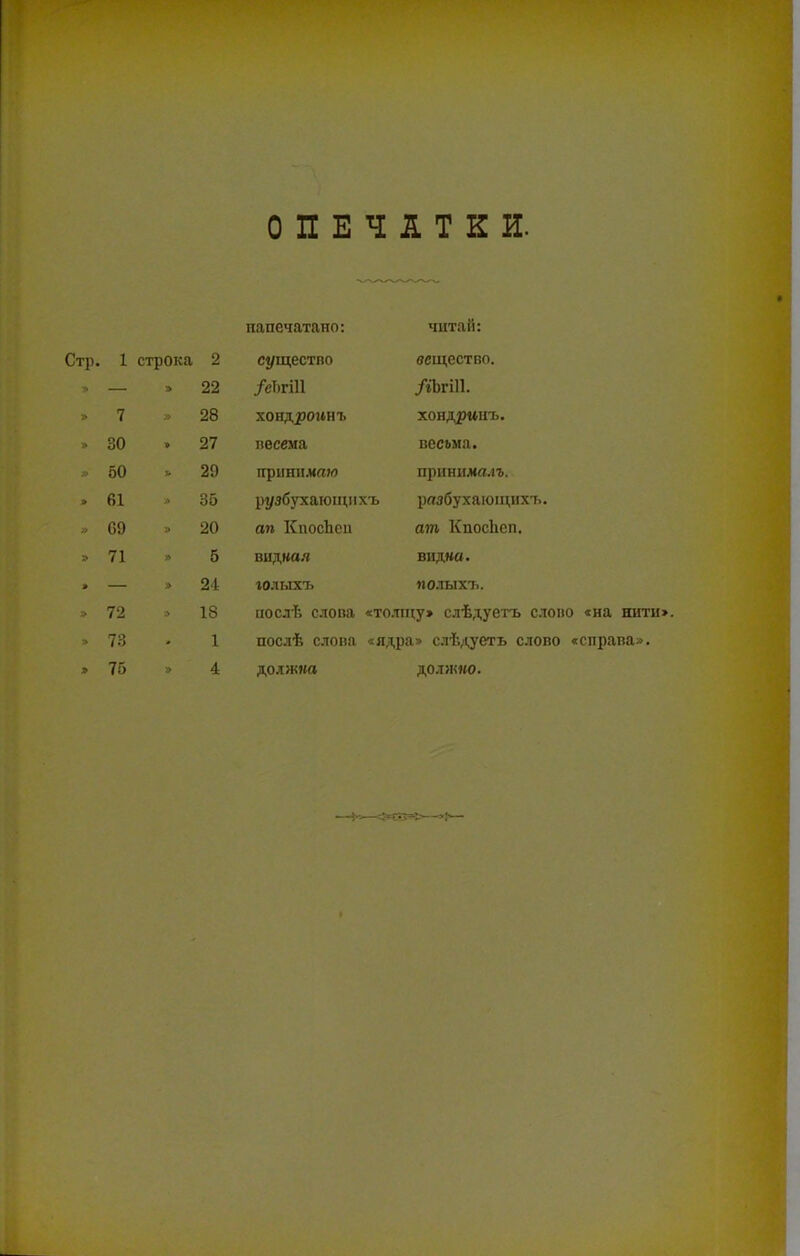 ОПЕЧАТКИ. напечатано: читай: 1 строка 2 существо вещество. — » 22 /еТ)гі11 /гЪгШ. 7 » 28 xонд^роинъ хонд^рмнъ. 30 27 весела весьла. 50 V 29 приннлям прцннля.іъ. 61 » 35 рузбухающн хъ разбухающихъ. СО » 20 ап КпосЬеіі ат Кпосііеп, 71 » 5 видная видна. — » 24 голыхъ полыхъ. 72 » 18 послѣ слова «толщу» слѣдуетъ слово «на нити» 73 1 послѣ слова «ядра» с-іѣдуеть слово «справа». 75 » 4 должка должно.