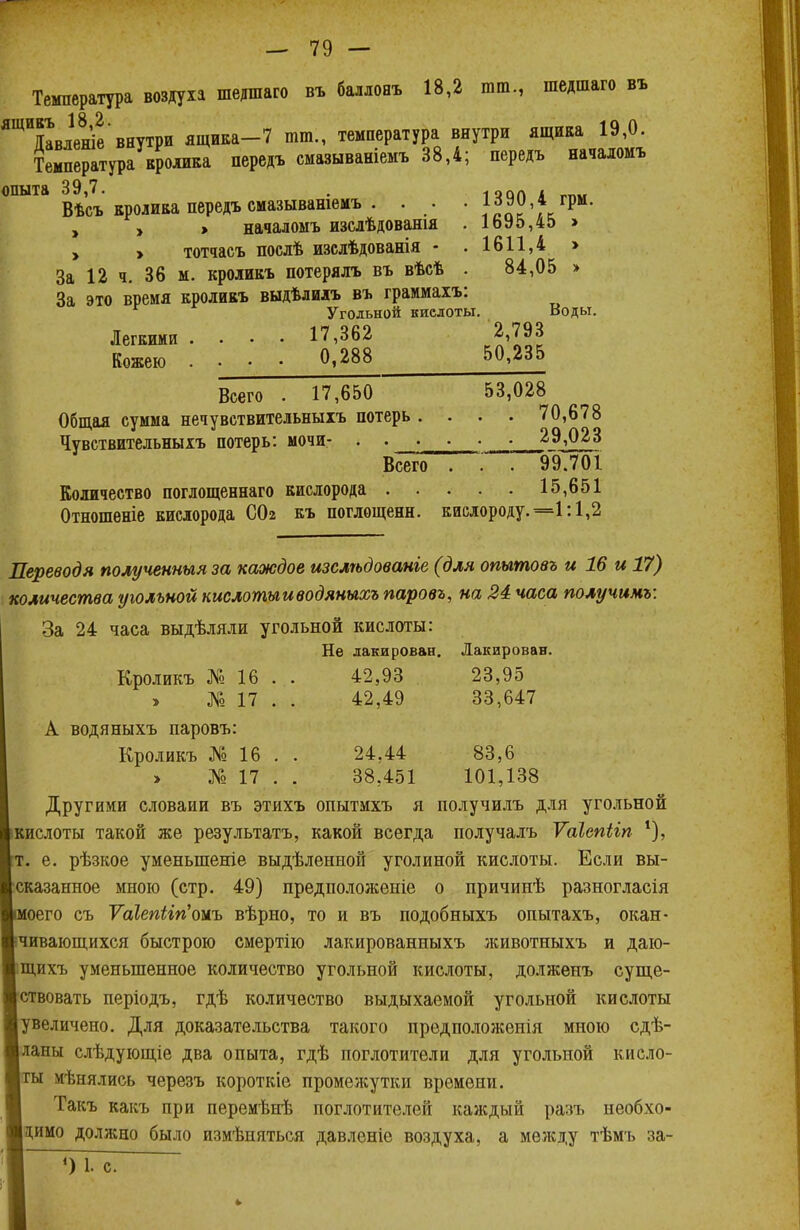 Температура воздуха шедшаго въ баллонъ 18,2 тт., шедтаго въ ЛЩИЯавленіевнутри ящика-7 тт., температура внутри ящика 19,0. Температура кролика передъ смазываніемъ 38,4; передъ началомъ опыта 39,7. . 1ЧпП . Вѣсъ кролика передъ смазывашемъ . . . . 139^,4 грм. , , > началомъ изслѣдованш . 1695,45 » > > тотчасъ послѣ изслѣдованія - .1611,4 > За 12 ч. 36 м. кроликъ потерялъ въ вѣсѣ 84,05 > За это время кроликъ выдѣлилъ въ граммахъ: Угольной кислоты. Воды. Легкими .... 17,362 к?'1?? Кожею . . . ■ 0,288 50,235 Всего . 17,650  53,028 Общая сумма нечувствительныхъ потерь .... 70,678 Чувствительныхъ потерь: мочи- ^9^ Всего . . . 99.701 Количество поглощеннаго кислорода 15,651 Отношеніе кислорода СОг къ поглѳщенн. кислороду.=1:1,2 Переводя полученный за каждое изслѣдованіе (для опытовъ и 16 и 17) количества угольной кислотыиводяныхъ паровъ, на 24 часа получишь: За 24 часа выдѣляли угольной кислоты: Не лакирован. Лакирован. Кроликъ № 16 . . 42,93 23,95 > № 17 . . 42,49 33,647 А водяныхъ паровъ: Кроликъ № 16 . . 24,44 83,6 > № 17 . . 38,451 101,138 Другими словами въ этихъ опытмхъ я получилъ для угольной кислоты такой же результата, какой всегда получалъ Ѵаіепііп *), е. рѣзкое уменьшение выдѣленнон уголиной кислоты. Если вы- сказанное мною (стр. 49) предположеніе о причинѣ разногласія оего съ Ѵаіепііп'омъ вѣрно, то и въ подобныхъ опытахъ, окан- чивающихся быстрою смертію лакированиыхъ животныхъ и даю- щихъ уменьшенное количество угольной кислоты, долженъ суще- ствовать періодъ, гдѣ количество выдыхаемой угольной кислоты увеличено. Для доказательства такого предположенія мною сдѣ- ланы слѣдующіе два опыта, гдѣ поглотители для угольной кисло- ты мѣнялись черезъ короткіе промежутки времени. Такъ какъ при перемѣнѣ поглотителей каждый разъ необхо- димо должно было измѣняться давленіе воздуха, а между тѣмъ за- ') 1. с.